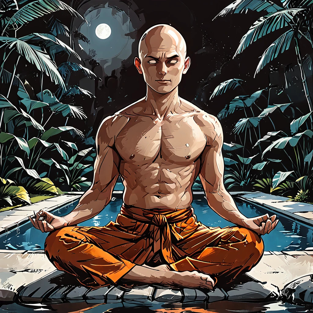 night, ((orange Kashaya)),blind Buddhist monk sitting in lotus position next to the pool at the white hotel, tropical, palm, white hotel, pool, round face, white eyes, no eyebrows, no hair, bald, paw-eared, round cheeks, narrow lips, man, white sclera eyes, Whitewash Eyes, ((orange Kashaya)), graphic style of novel comics, perfect hands, 2d,
8k, hyperrealism, masterpiece, high resolution, best quality, ultra-detailed, super realistic, Hyperrealistic art, high-quality, ultra high res, highest detailed, lot of details, Extremely high-resolution details, incredibly lifelike, colourful, soft cinematic light,
