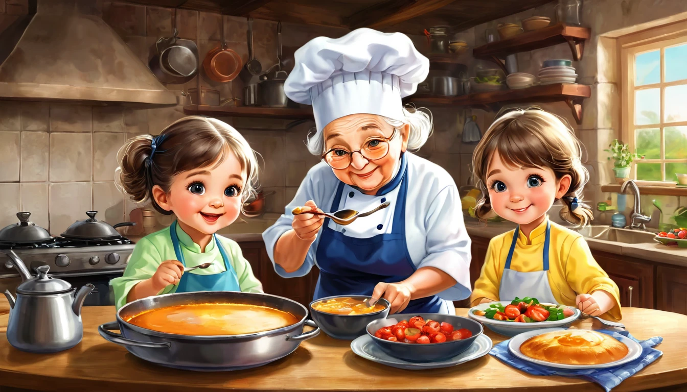 3 images in one Grandson\granddaughters may be spoiled(burnt) dish, or something sweet;
Grandma most often has something homemade, cute, child-friendly.
The chef is professional, необычное dish
digital painting, location, location из игры, большая location, fog in the foreground