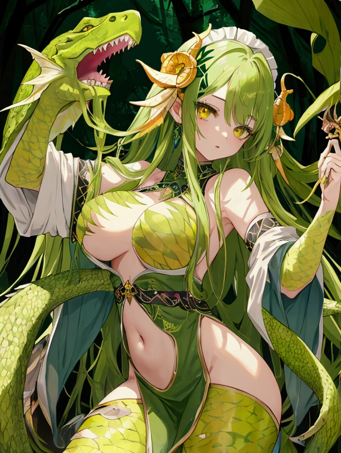 Highest quality, masterpiece, Ultra-high resolution, female、Big Breastonster、Spooky face、Yellow Eyes、Skin covered in green scales、long nails of green color、Maid、Cowboy Shot