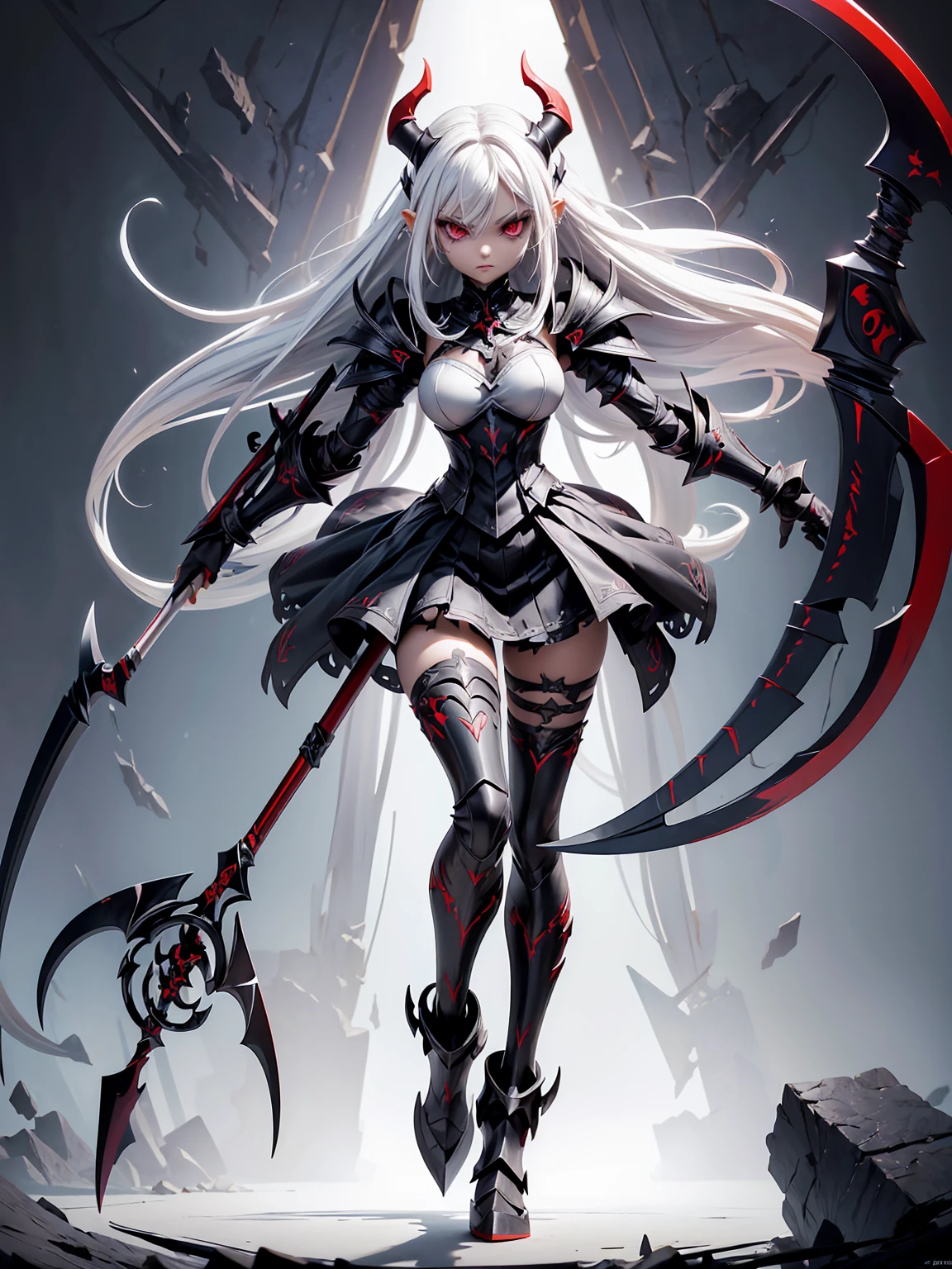 (((Masterpiece, best quality, 16k))) female character with long white hair and piercing red eyes. She wears a demonic armor in purple, black, and white. wields a large, stylized scythe. The character has a menacing expression, with a chaotic environment as the background. ((full body front view)). ((slender)), (extremely detailed:1.5), (long white hair:1.2), (piercing red eyes:1.2), (chaotic environment:1.1), (demonic armor:1.3), (stylized scythe:1.3).