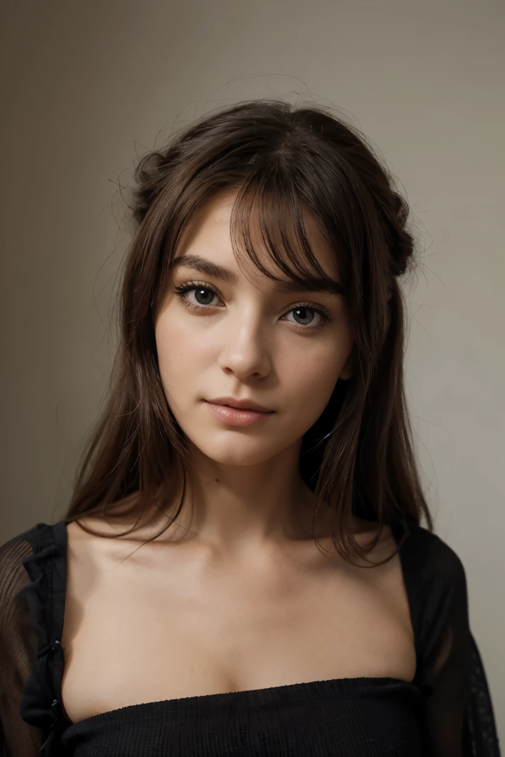 Un portrait photoréaliste d’une Brésilienne de 28 ans au visage ovale, cheveux noirs lisses, et des yeux gris captivants, porter un haut noir élégant. Sa peau blanche aux reflets marron clair met en valeur son extrême beauté., surtout ses belles lèvres. L'image doit être une prise de vue en gros plan, 8k hdr, très détaillé, en mettant l'accent sur ses traits du visage et son caractère naturel, expression accessible, Illuminé par doux, chaud soleil.