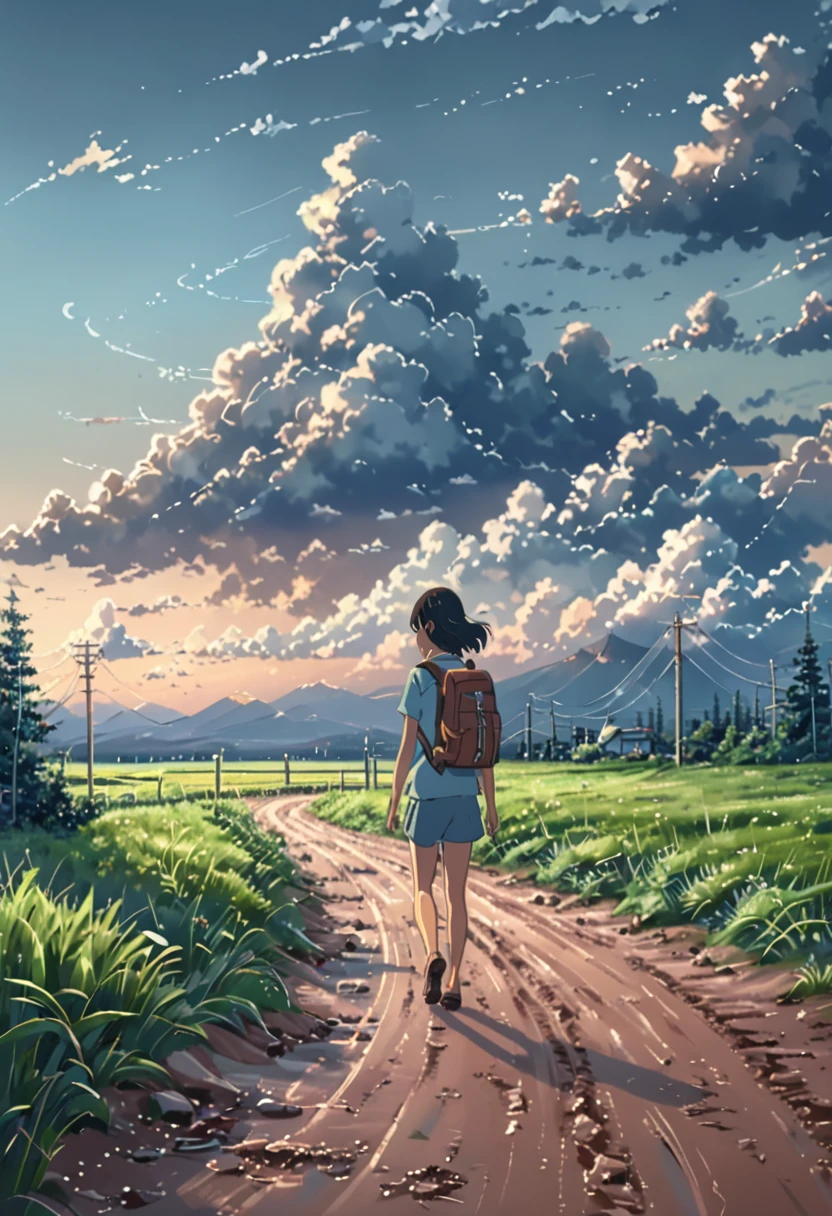 ((((Makoto Shinkai)))), there is a woman walking down a dirt road with a backpack, anime style mixed with fujifilm, style of alena aenami, girl clouds, artistic. alena aenami, in style of makaoto shinkai, makoto shinkai cyril rolando, ilya kuvshinov landscape, in the distance, style of makoto shinkai