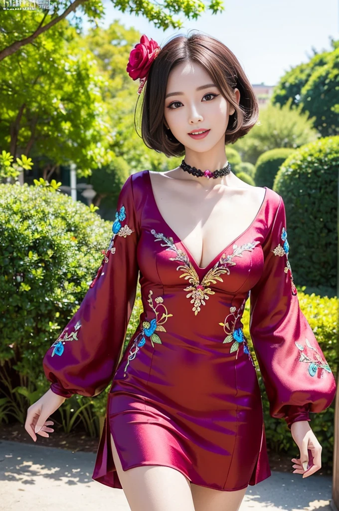 (masterpiece:1.4), (best quality:1.4), ultra high res, ultra high resolution, ((detailed facial features)), HDR, (realistic, photorealistic, photo-realistic:1.37), full body Esbian, sexy Vietnamese model, (-anime), vivid colors, ((vivid colors multicolor (red, fuchsia) very short hair)), (happy smile), lip-gloss, long lashes, ultra detailed metallic makeup, defined eyebrows, wearing large sparkling colorful jewelery, (wearing a red silk Paradise Kiss cosplay dress with black floral embroidery), ((vivid colors outfit)), vivid colors, look at the camera, cinematic light, large park background with trees, sweet and sexy pose