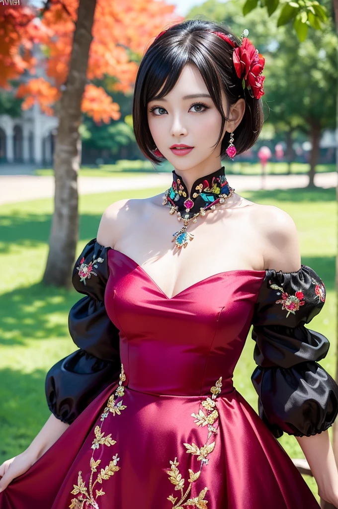 (masterpiece:1.4), (best quality:1.4), ultra high res, ultra high resolution, ((detailed facial features)), HDR, (realistic, photorealistic, photo-realistic:1.37), full body Esbian, sexy Vietnamese model, (-anime), vivid colors, ((vivid colors multicolor (red, fuchsia) very short hair)), (happy smile), lip-gloss, long lashes, ultra detailed metallic makeup, defined eyebrows, wearing large sparkling colorful jewelery, (wearing a red silk Paradise Kiss cosplay dress with black floral embroidery), ((vivid colors outfit)), vivid colors, look at the camera, cinematic light, large park background with trees, sweet and sexy pose