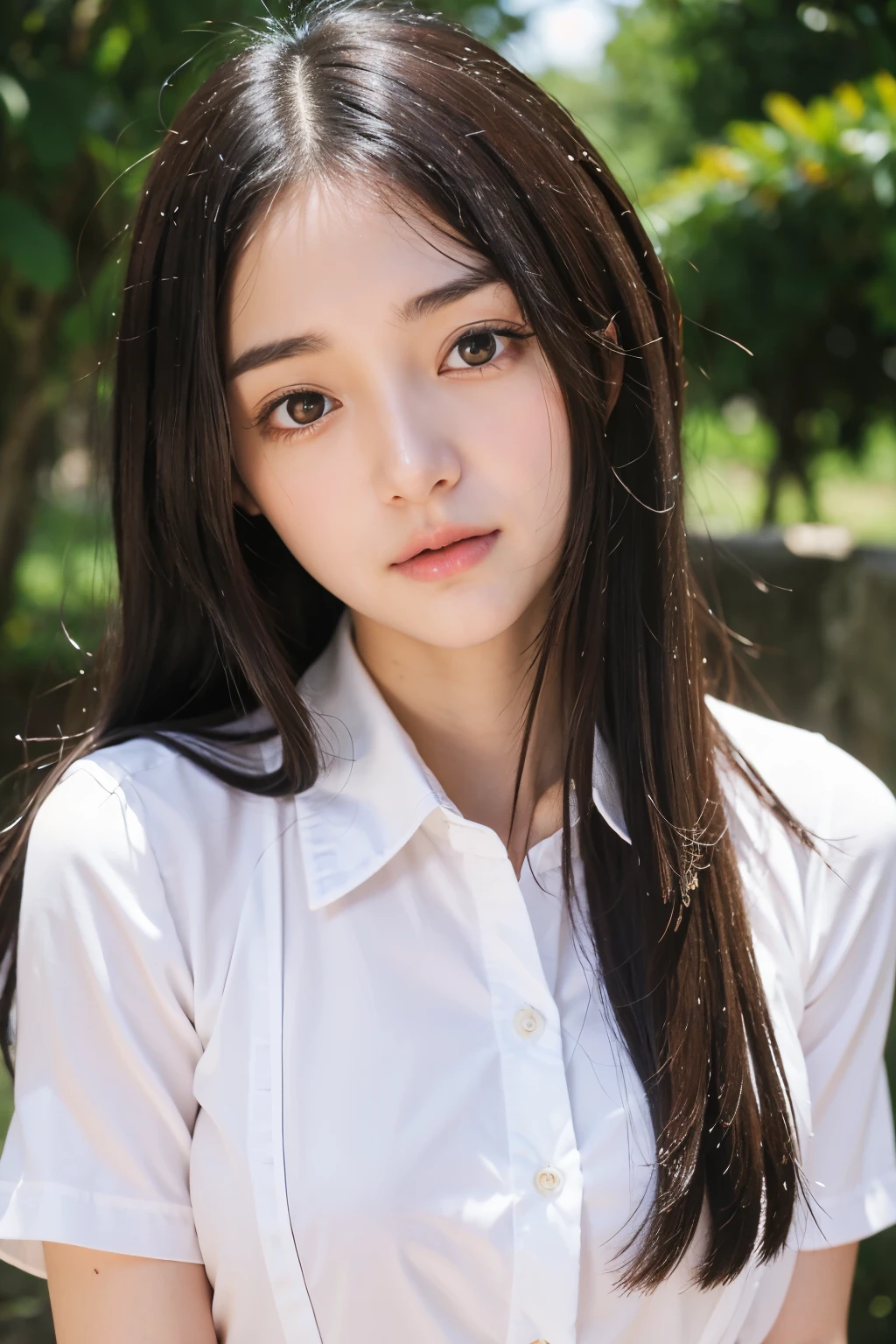 ((masterpiece)), ((best quality)), ((ultra-detailed)),((hyperrealistic)),(japanese cute girl),(shiny skin),1girl,(forehead),black hair,long hair,(black big eyes,tareme,droopy eyes),(small breasts),,dynamic angle,(((blush,in heat))), cheeks,neat and clean,(セーラー服,school uniform),arms behind back,In a daze,