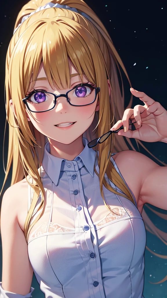 (masterpiece, best quality, absurdres), high quality, highres, ultra detailed, intricate, cinematic lighting, wallpaper, soft lighting, night, close-up, looking at viewer, beautiful woman, 1girl, parted lips, kei Karuizawa, small breasts, blonde hair, bangs, ponytail , detailed violet eyes, ((Super Realistic Detailed Eyes, glowing eyes)), glasses, finger adjusts glasses, smiles, smirk