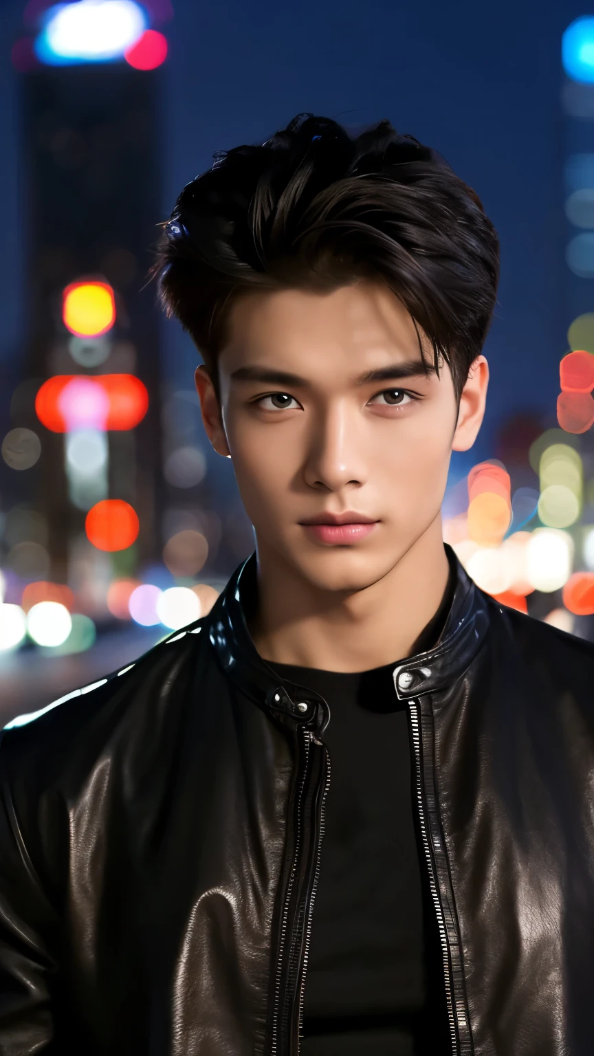 Highest quality, masterpiece, Ultra-high resolution, (Realistic: 1.4), Original photo, wallpaper, Head Photo, skin, Simple Background, Iris, detailed, Selfie, 1 boy, 22-year-old, good looking, Wind,Leather jacket、City of night