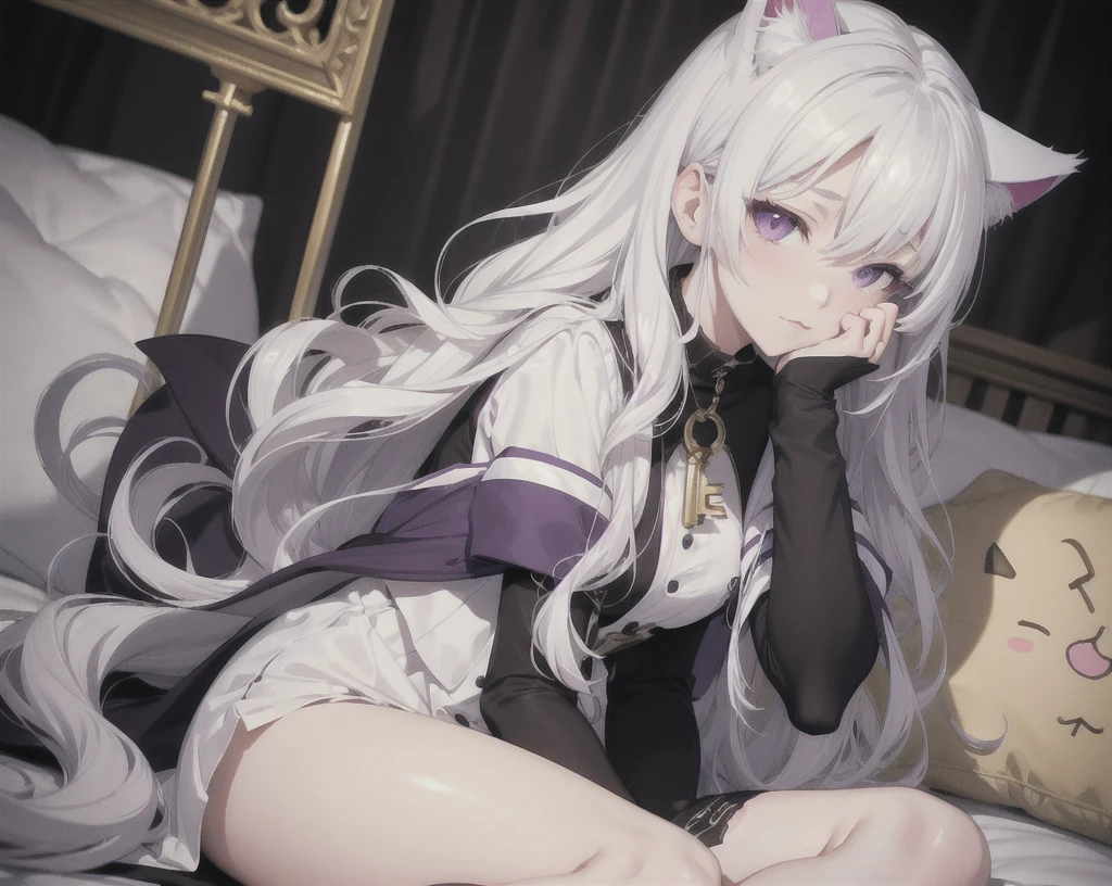 (best quality, masterpiece), 1girl, White hair, Cat ear,Long Wavy Hair,Purple Eyes, anime key visual, medium close-up shot of a Witty Futon, Graphic novel, Satisfying, F/1.8