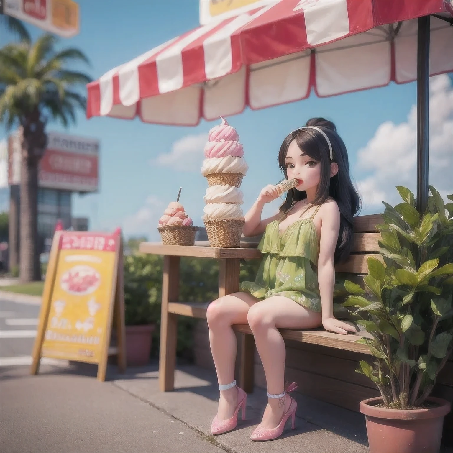 girl in a bikini eating an ice cream cone, eating ice cream, in a bikini, angela white, giorgia meloni, katy perry, in bikini, eating ice - cream, wearing spandex bikini, ice cream on the side, bikini, ice cream, wearing a bikini, candid photo of dirty, shiny plastic bikini, candid shot, cone, 1 girl, solo，in a green dress standing by a wall,portrait of female idol