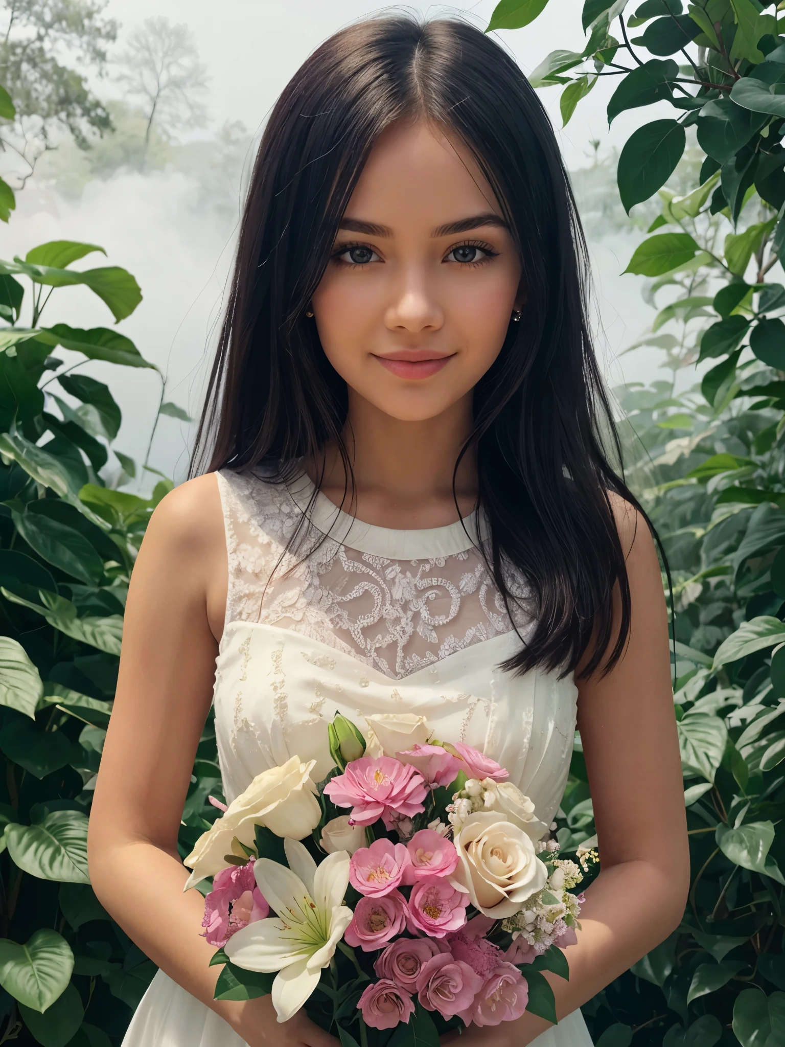 1girl, white dress, detailed face, looking at viewer, gentle smile, peaceful vibe, big bouquet, black hair, surrealism, super detail, masterpiece, super details, high quality, dreamy, colorful lush vegetation surface, vibrant flowers, harmonious red hue flower, floating garden, soft glow, ethereal atmosphere, exotic blossoms, crystalline streams, misty waterfalls,