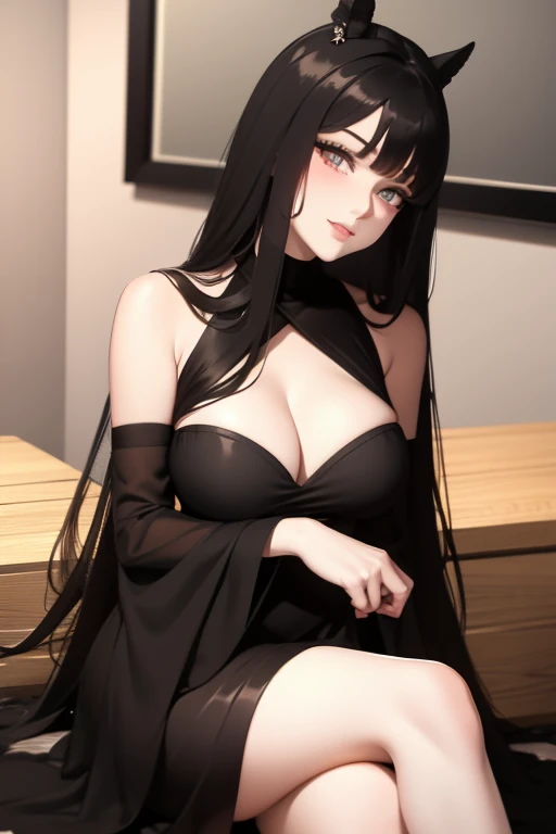 A tall curvaceous and voluptuous lady, with a very long black hair , wearing black pointy heels with black jewelry ornaments on her legs, with white pupils , wearing a black silky dress that tugs every of his curves with the fabric of the dress only covering her private parts, with large massive breasts, With a sultry smirk, close up view.