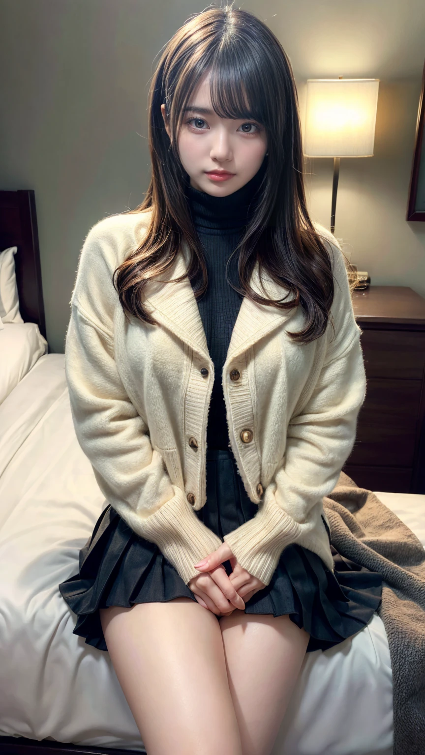 masterpiece, best quality, illustration, Super detailed, fine details, High resolution, 8K,wall paper, perfect dynamic composition,(Details High quality, realistic depiction of eyes:1.3),(Fleece jacket, turtleneck sweater, pleated skirt:1.2), long straight hair, black hair color, Big Natural Color Lip, crying a little、Harajuku style、20 year old girl、cute type、lolita、beautiful legs, hotel room, Gravure Idol, Voluptuous thighs