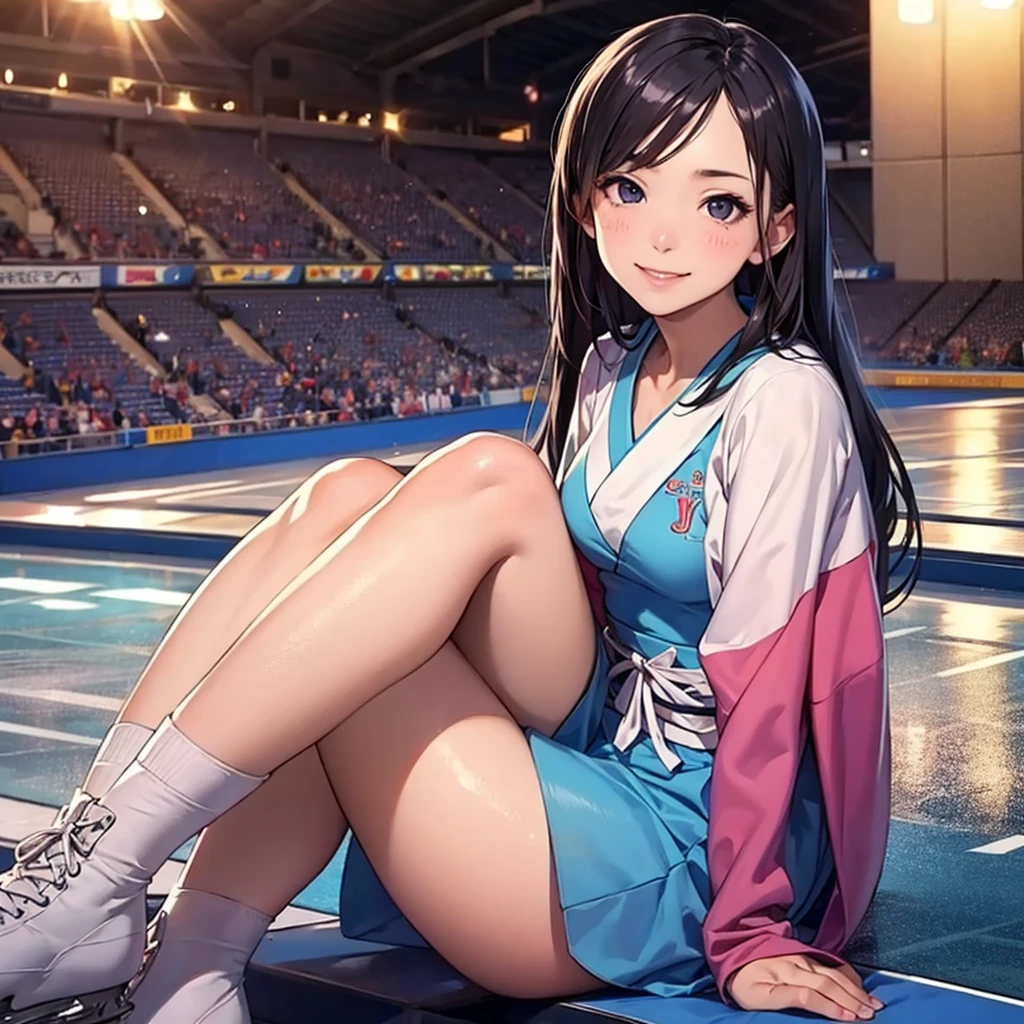 (Beautiful 12-year-old Japanese female figure skater), Cute Face, (Deeply chiseled face:0.7), (freckles:0.6), Dramatic lighting, shy, (smile), (Sparkling eyes), thin, Skating rink, Arakawa Shizuka, Leg spread