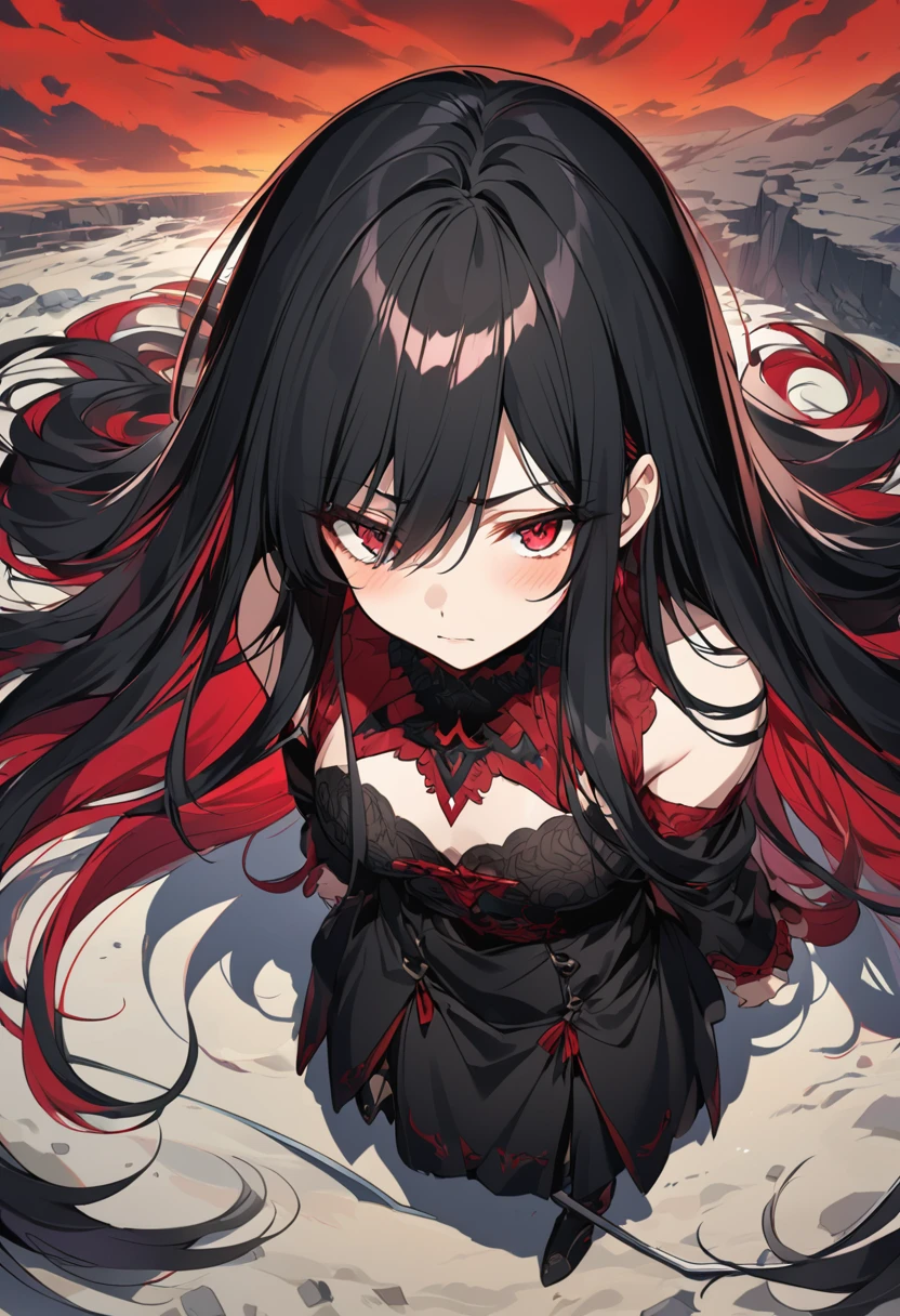 ((standing alone)), (naughty man), cherry red eyes, raven black hair, very long messy hair, vibrant red colored inner hair, a close-up of a person with a scythe in a desolate land detailed the anime&#39;s main artwork, Aqueronte, casimir art, masamune shiro, masamune, beautiful naughty man in demon slayer art, genshin, heise jinyao, shadowverse style, (in the logos), eclipse, black powers, twilight scenario, detailed clothing, eye reflection, Depth of field, cinematic lighting, ray tracing, Depth of field, cinematic lighting, ray tracing, ultra HD, High details, best qualityer, high resolution, high qualiy, awardwinning, super detaill, work of art, 8k, ultra HD, High details, best qualityer, high resolution, high qualiy, awardwinning, super detaill, work of art, 8k