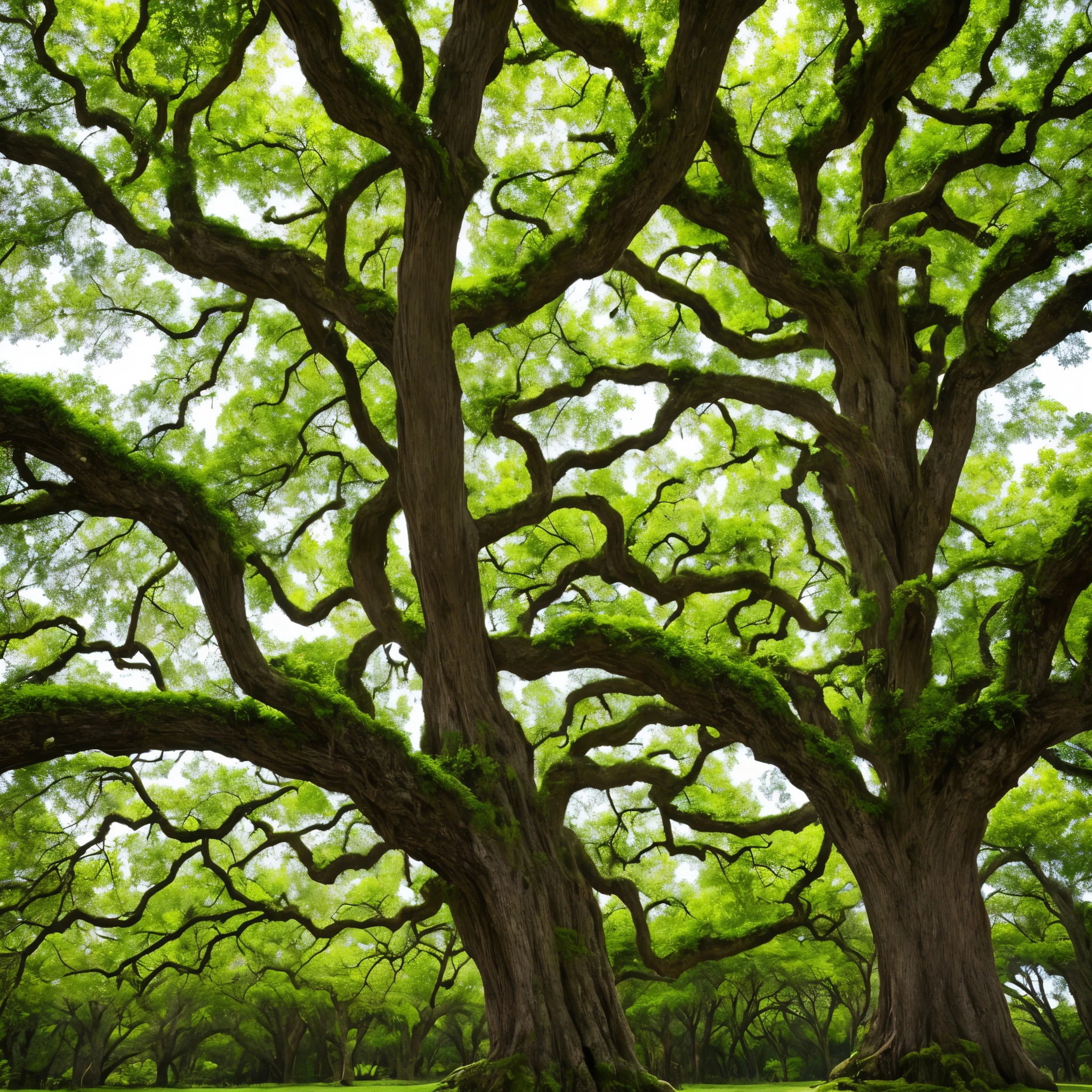arafed tree with white moss growing on it in a park, spanish moss, beautiful ancient trees, overhanging branches, a beautiful tree, breath-taking beautiful trees, moss covered, breath - taking beautiful trees, oak trees, old trees, knotted trees, tall broad oaks, the treetops of giant oaks, hauntingly beautiful, oak tree