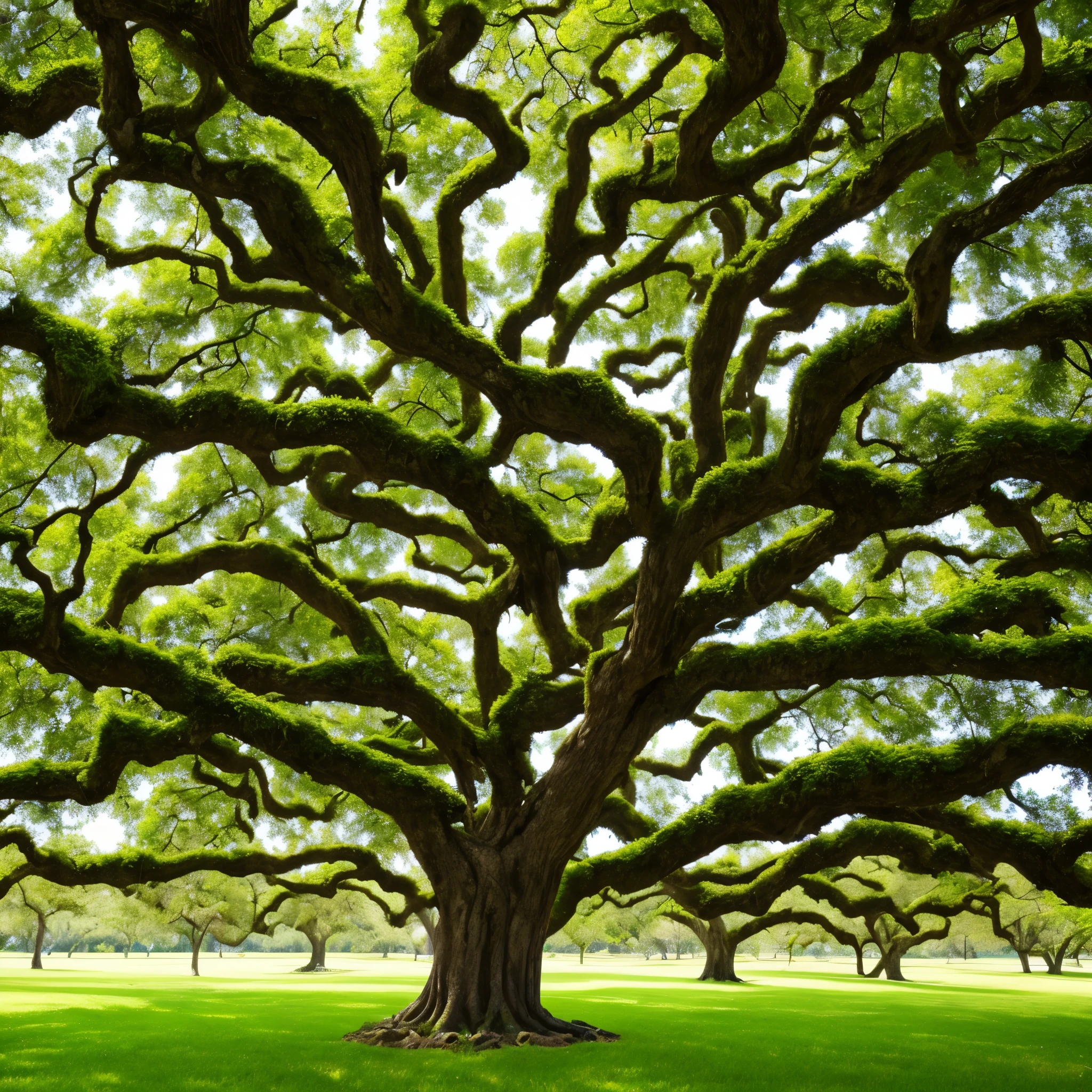 arafed tree with white moss growing on it in a park, spanish moss, beautiful ancient trees, overhanging branches, a beautiful tree, breath-taking beautiful trees, moss covered, breath - taking beautiful trees, oak trees, old trees, knotted trees, tall broad oaks, the treetops of giant oaks, hauntingly beautiful, oak tree