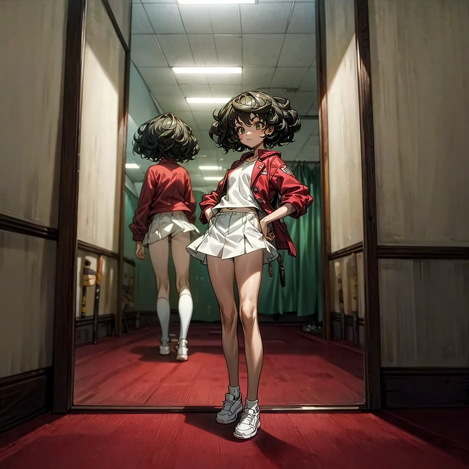 Solo, (baby ??? girl), full body version, Grassroots, background in room town, tan skin, black hair, short Curly haircut, green eyes, red sports jacket, white shoes, standing gesture, looking at mirror 