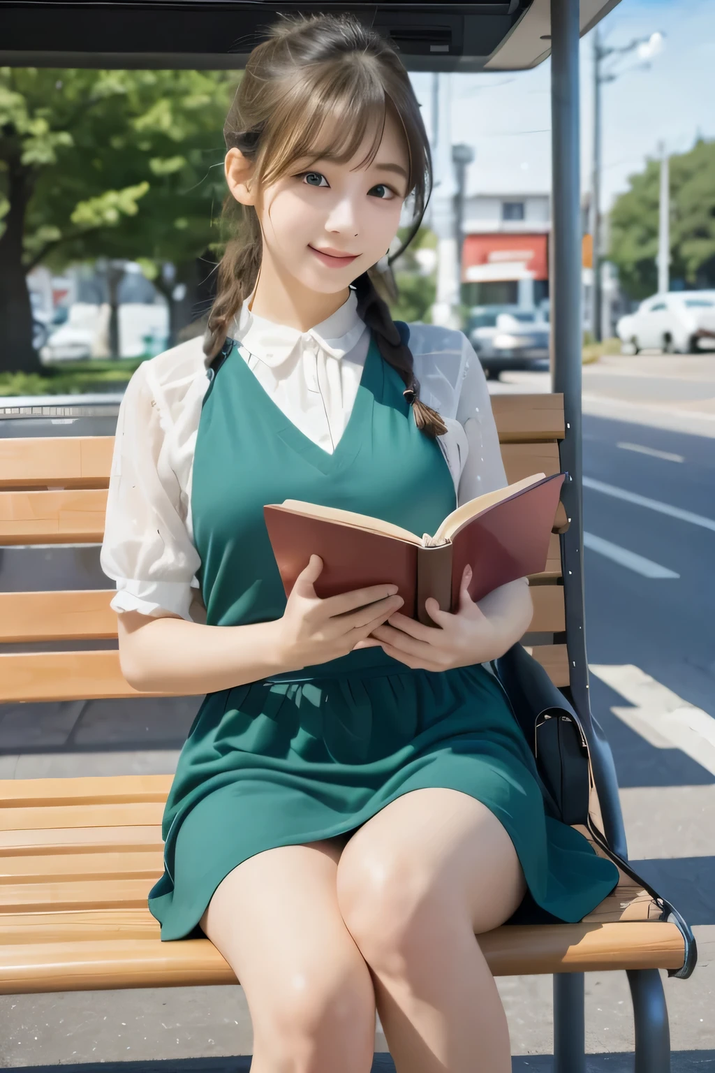  ((One girl)), 20 years old, Japan, RAW, 16K, highest quality, masterpiece high definition, ultra realistic sweet girl, beautiful face, beautiful body, natural light, (delicate human skin texture, detailed beautiful face), laugh:0.3, symmetry face, double eyelid, small_bast, cotton dress, reading a book on a bus stop bench,