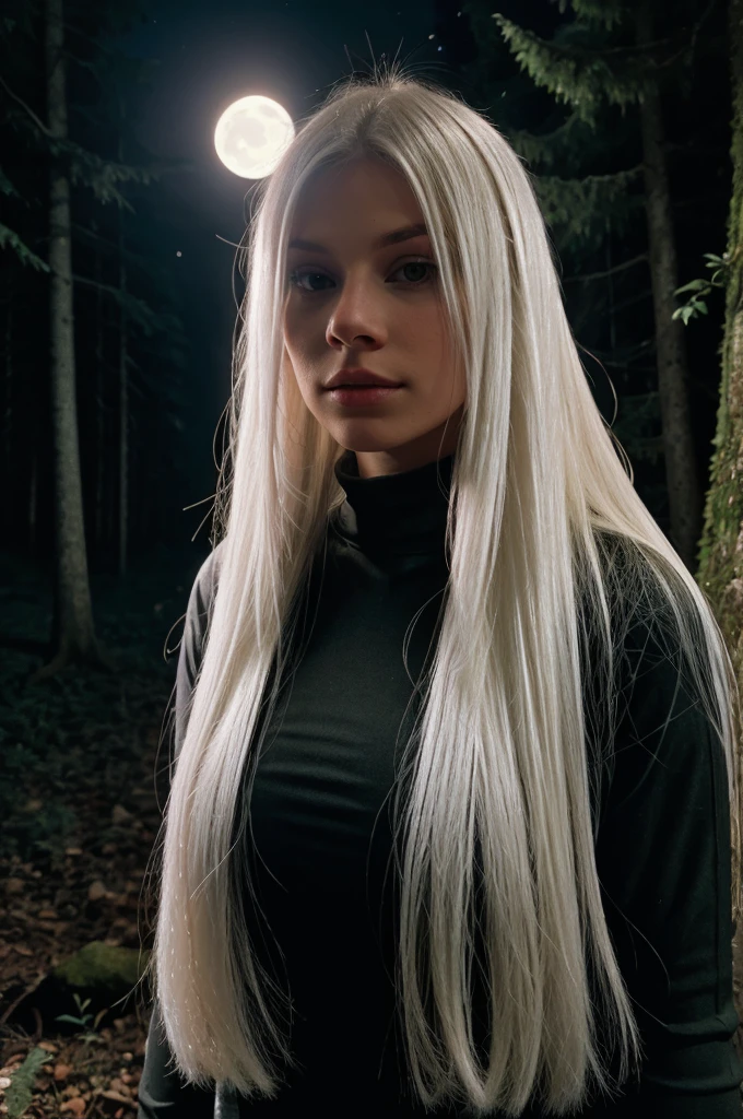 RAW photo of blonde girl white straight hair. At the dark forest at moonlight 