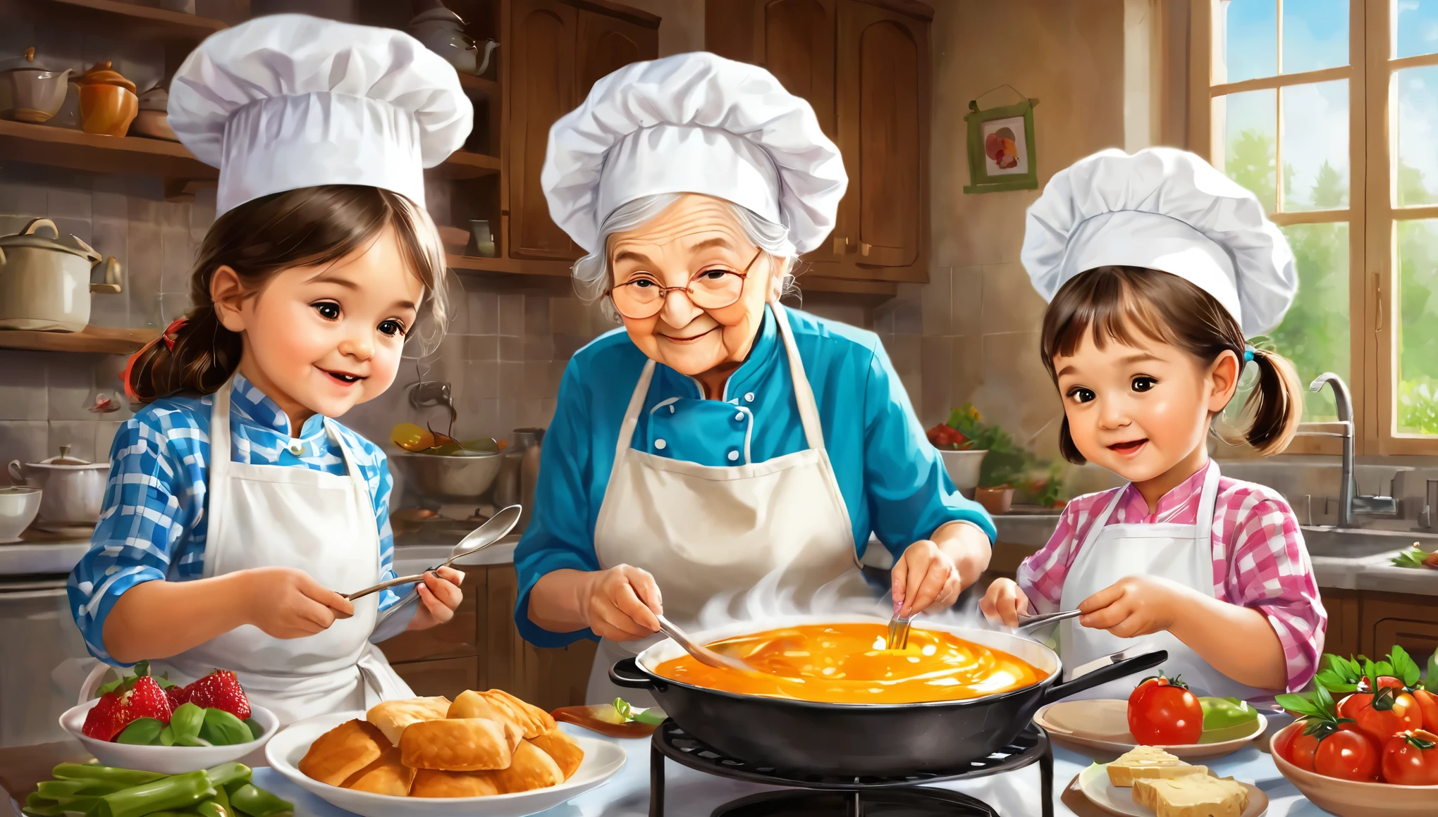 3 images in one Grandson\granddaughters may be spoiled(burnt) dish, or something sweet; 
Grandma most often has something homemade, cute, child-friendly.
The chef is professional, необычное dish
digital painting, location, location из игры, большая location, fog in the foreground