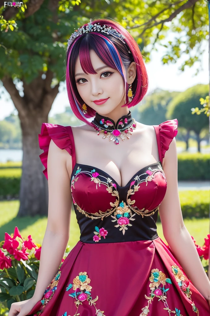 (masterpiece:1.4), (best quality:1.4), ultra high res, ultra high resolution, ((detailed facial features)), HDR, (realistic, photorealistic, photo-realistic:1.37), full body Esbian, sexy Vietnamese model, (-anime), vivid colors, ((vivid colors multicolor (red, fuchsia) very short hair)), (happy smile), lip-gloss, long lashes, ultra detailed makeup, defined eyebrows, wearing large sparkling colorful jewelery, wearing a red silk Paradise Kiss cosplay dress with black floral embroidery, ((vivid colors outfit)), vivid colors, look at the camera, cinematic light, large park background with trees, sweet and sexy pose