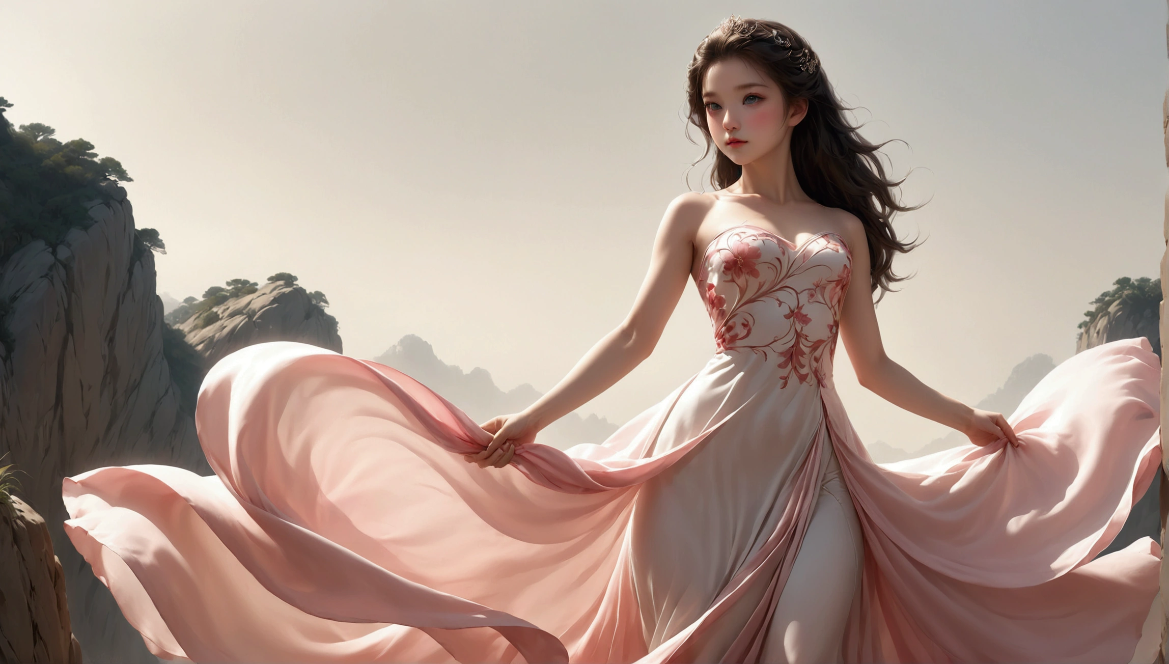 Dance photography;A dancer,Solitary;A in a gorgeous long dress,Princess dress,Chinese style skirt,pink,Conservative style,Smudged skirt hem;Dancing moves;elegant,Flexible skirt;Long hair shawl。Full body view,front; Simple style;Minimalism。White background,Pure white background;Panoramic photography;Depth of Field, Extraordinary details, masterpiece, high quality, 4K,cinematic lighting, motion blur, depth of field, sparkle, ray tracing, reflection light, anatomically correct, uhd, textured skin, best quality, super detail, highres, high details, accurate, high quality, award winning。
