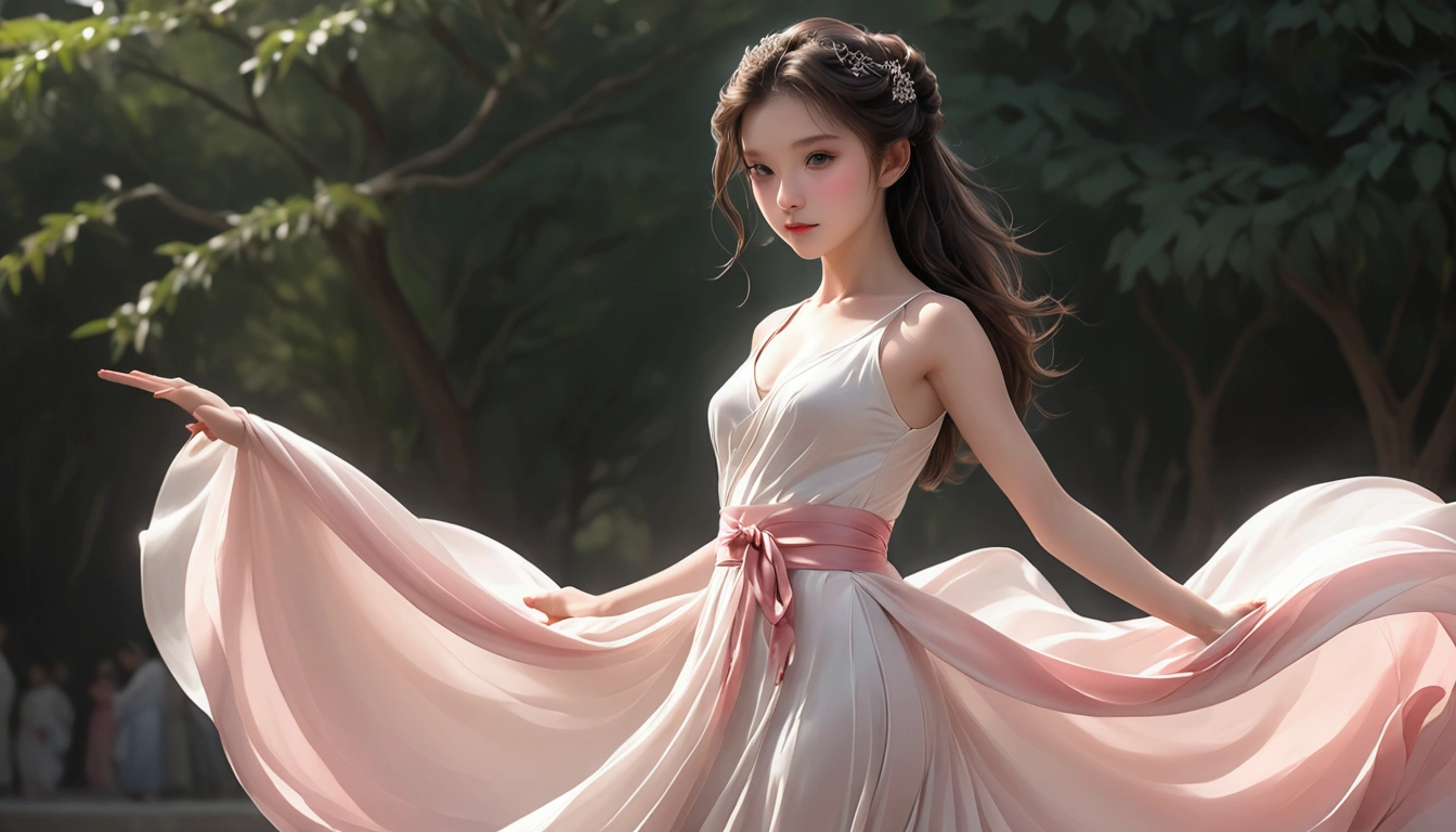 Dance photography;A dancer,Solitary;A in a gorgeous long dress,Princess dress,Chinese style skirt,pink,Conservative style,Smudged skirt hem;Dancing moves;elegant,Flexible skirt;Long hair shawl。Full body view,front; Simple style;Minimalism。White background,Pure white background;Panoramic photography;Depth of Field, Extraordinary details, masterpiece, high quality, 4K,cinematic lighting, motion blur, depth of field, sparkle, ray tracing, reflection light, anatomically correct, uhd, textured skin, best quality, super detail, highres, high details, accurate, high quality, award winning。