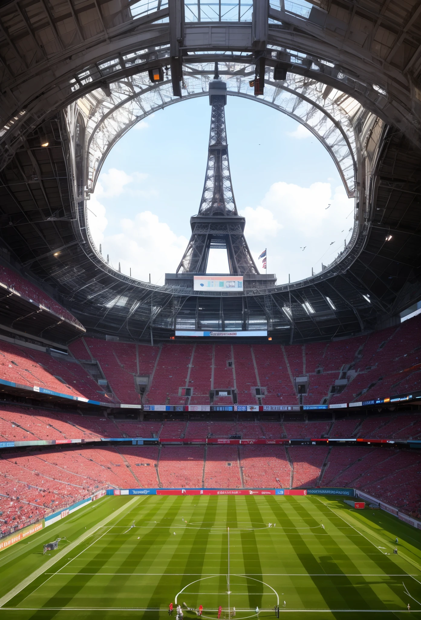 a view of a stadium with a track and a tower in the background, a tilt shift photo by Fabien Charuau, shutterstock contest winner, paris school, stadium landscape, futuristic sport arena, art deco stadium, soccer stadium, stadium, eiffel tower photography, beautiful high resolution, paris, amazing wallpaper, stadium setting, paris background, beautiful atmosphere