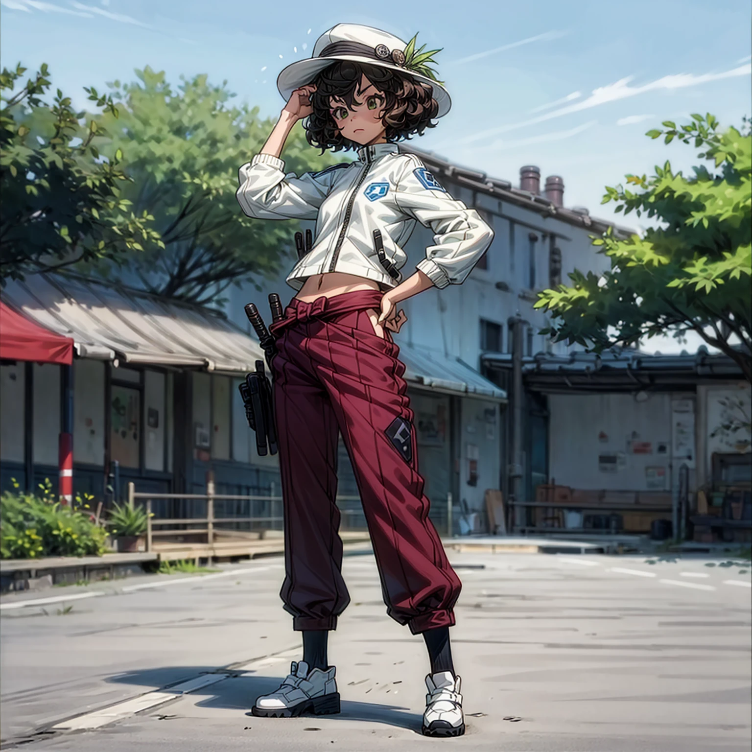 Solo, (kid girl), full body version, Grassroots, background in outdoor town, tan skin, black hair, short Curly haircut, green eyes, white and blue sports jacket, long pants brown, black shoes, hat Baretta, standing gesture