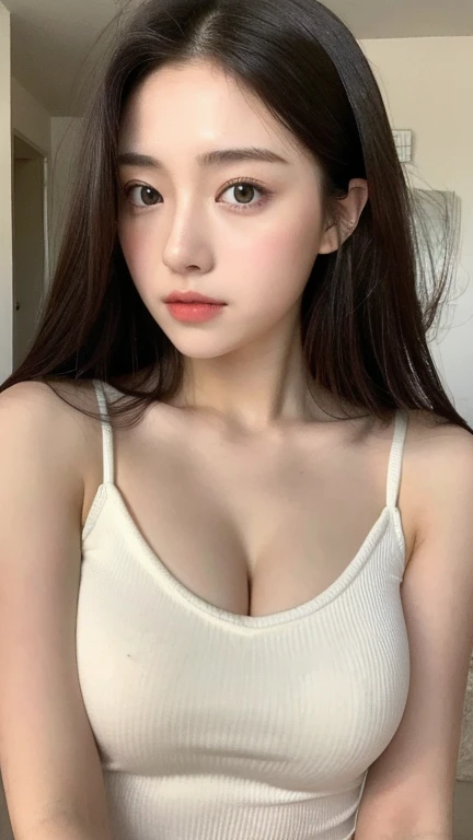(realistic, high resolution:1.3), 1 fille avec un corps parfait, Super fine face and eyes,Longhaire, Random Color Tank Top:1.2, Jeans court, tetas grandes,Exposer le décolleté
