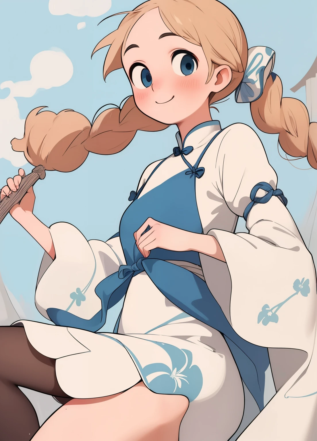 (masterpiece、Highest quality、Highest quality、Official Art、Beautiful and beautiful:1.2)、(One girl:1.3)Hatsune Miku、Twin tails,Beautiful breasts, Katsushika Hokusai, (masterpiece), ((Highest quality)), (Very detailed), (Beautiful eyes Beautiful details Eyes, Clean and delicate face), Single braided blonde ponytail, Parted bangs, amount, blue eyes, smile, Wearing a high-end mini Chinese dress, No sleeve, pantyhose, thigh, Alphonse Mucha