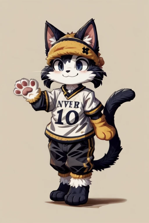 score_9, score_8_up, score_7_up, with Short sleeves , fake animal ears, animal ears, cat ears, paw gloves, cat paws, paw pose, smile, standing, simple background