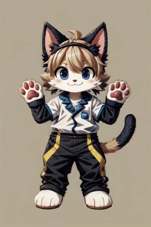 score_9, score_8_up, score_7_up, with Short sleeves , fake animal ears, animal ears, cat ears, paw gloves, cat paws, paw pose, smile, standing, simple background