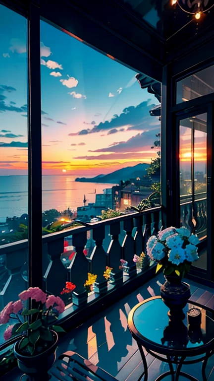 Balcony, terrace, balcony, Embankment, Huge, Potted plants, Flowers in a vase, Figures, Rocking Chair, bird, Sleeping kitten, Luxurious and comfortable interior, creative workshop, Decoration, Cozy artist's workshop, easel, Color Palette, acrylic coating, Painting, Large windows, Loggia, art, Awards, table, sofa, armchairs, mirror, crystallization, meditation, Harmony, There are many books hanging on the wall, View from the window, Ocean, Mountain々, Amazing sunset, flower arrangement, coating, brush, artist's theme, elegant, Dynamic bright lighting, happiness, Full Color, Multicolor, artificial, Highest detail, Great quality, The finer details, highlight, Neon Light, masterpiece, Best Color