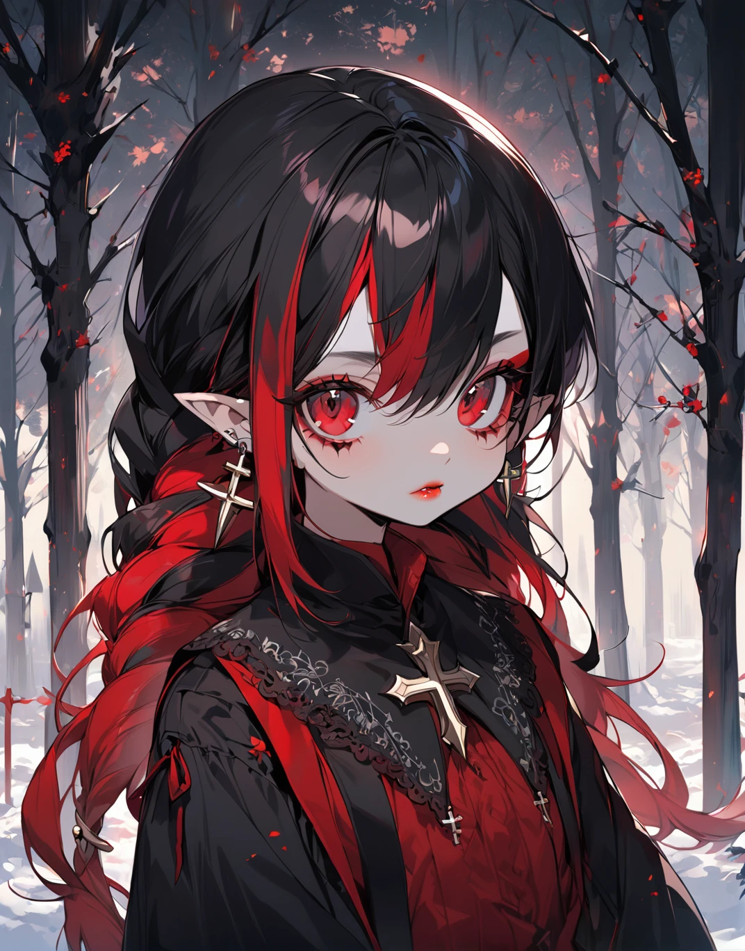 1 girl, little bb girl, alone, long hair, braids, looking at viewer, bangs, black hair, red eyes, hair between eyes, lips, long shoulders, jewelry, red hair, multicolored hair, earrings, pointy ears, black scarf, two-tone hair, makeup, cross, light skin, spikes, vampire, pointed collar, crossed earrings, long blouse, in the garden, , several winter trees,