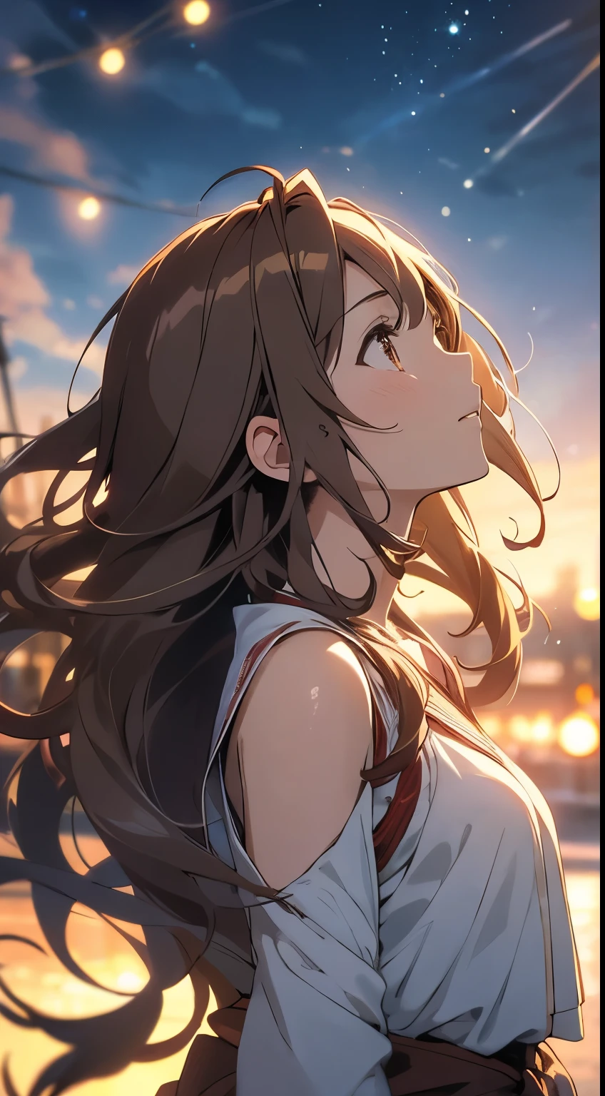 Anime style, 1womanl, brown haired, Wavy shoulder-length hair, full bodyesbian, looking away from camera, Looking up at the sky, Calm, Soft dramatic lighting, depth of fields, Bokeh, vibrant detail, hyper realisitic,
