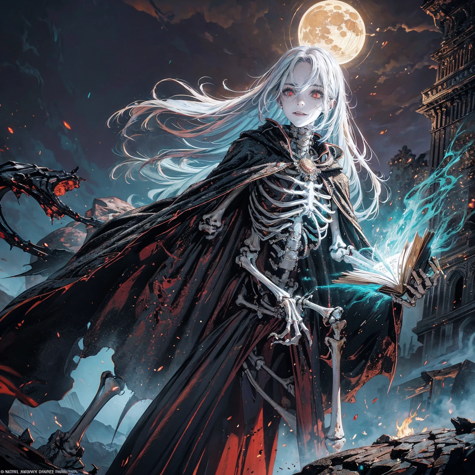 full-body shot, wide-angle lens, best quality, 4K, high resolution, masterpiece, Very detailed, Mood lighting, An undead girl in a long cape, Whole body including hands & arms & legs & feet are all skeleton bones but except the head is still beautiful human face, Wearing a ragged gothic skirt, hoding a powerful opened magic book and casting dark magic spells, countless undead skeleton warriors in the backgroud, Aloofness emotion, Dangerous sneer, Beautiful but cruel smile, Black Hair, Standing, Facing the camera, Crucified, Pitch black sky, Blood-red moon, strange atmosphere, Gothic style, Unforgettable beauty, Dramatic shadows, Ethereal Light, Mysterious atmosphere