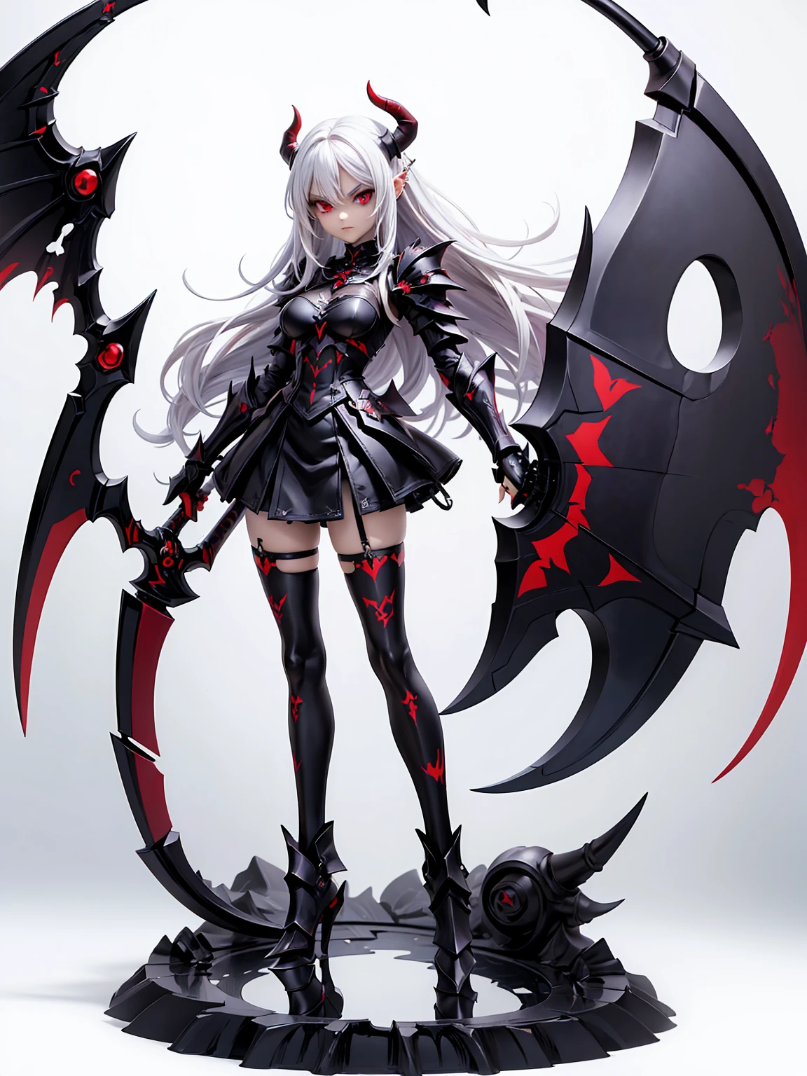 (((Masterpiece, best quality, 16k))) female character with long white hair and piercing red eyes. She wears a demonic armor in purple, black, and white. wields a large, stylized scythe. The character has a menacing expression, with a chaotic environment as the background. ((full body front view)). ((slender)), (extremely detailed:1.5), (long white hair:1.2), (piercing red eyes:1.2), (chaotic environment:1.1), (demonic armor:1.3), (stylized scythe:1.3).