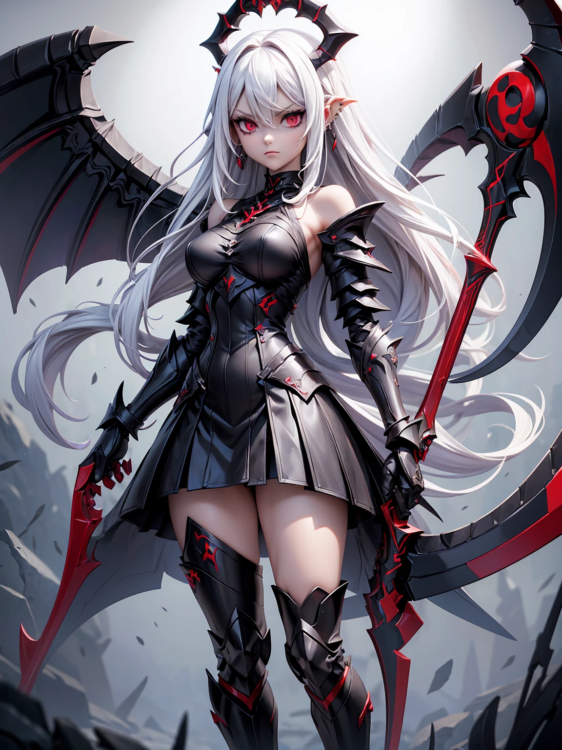 (((Masterpiece, best quality, 16k))) female character with long white hair and piercing red eyes. She wears a demonic armor in purple, black, and white. wields a large, stylized scythe. The character has a menacing expression, with a chaotic environment as the background. ((full body front view)). ((slender)), (extremely detailed:1.5), (long white hair:1.2), (piercing red eyes:1.2), (chaotic environment:1.1), (demonic armor:1.3), (stylized scythe:1.3).