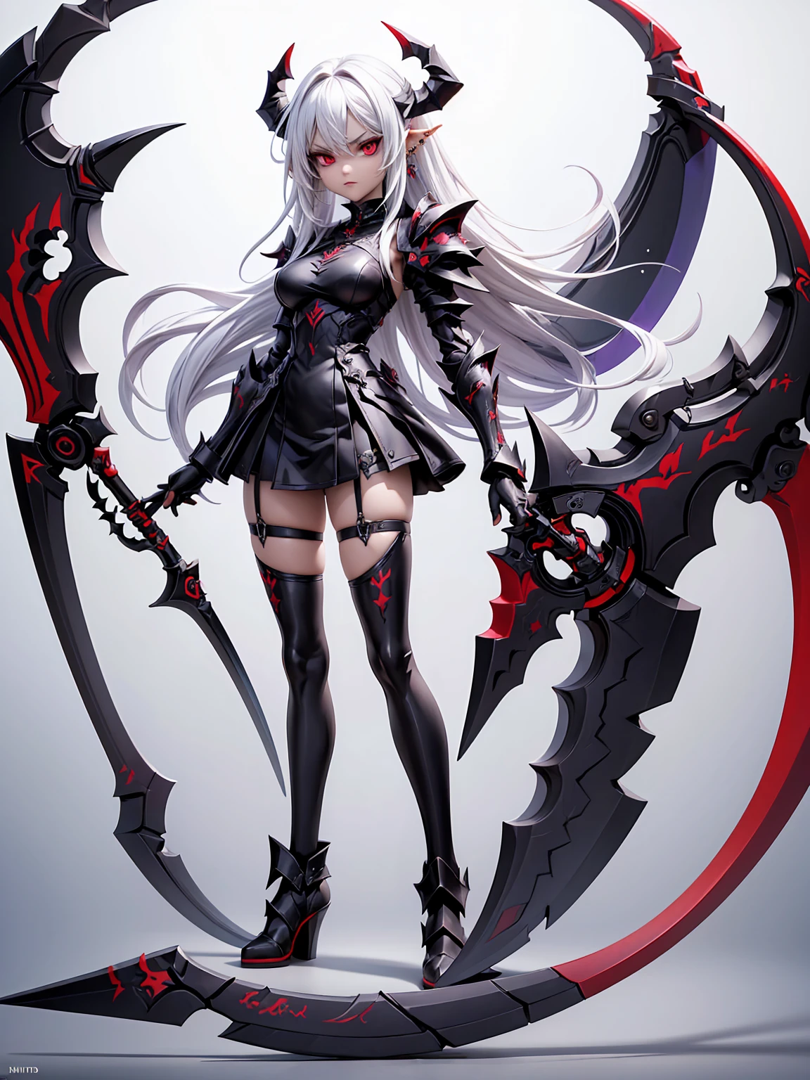 (((Masterpiece, best quality, 16k))) female character with long white hair and piercing red eyes. She wears a demonic armor in purple, black, and white. wields a large, stylized scythe. The character has a menacing expression, with a chaotic environment as the background. ((full body front view)). ((slender)), (extremely detailed:1.5), (long white hair:1.2), (piercing red eyes:1.2), (chaotic environment:1.1), (demonic armor:1.3), (stylized scythe:1.3).