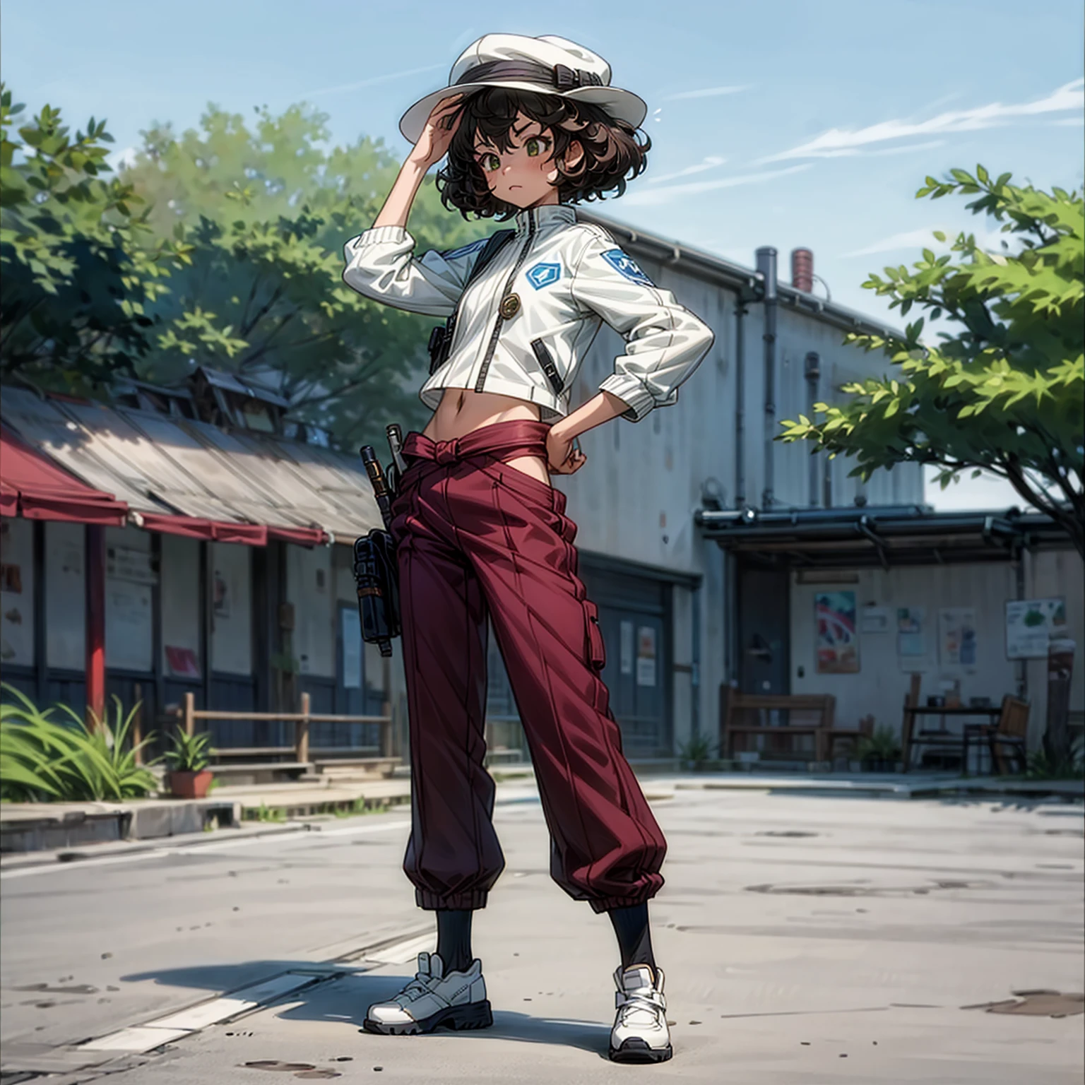 Solo, (), full body version, Grassroots, background in outdoor town, tan skin, black hair, short Curly haircut, green eyes, white and blue sports jacket, long pants brown, black shoes, hat Baretta, standing gesture