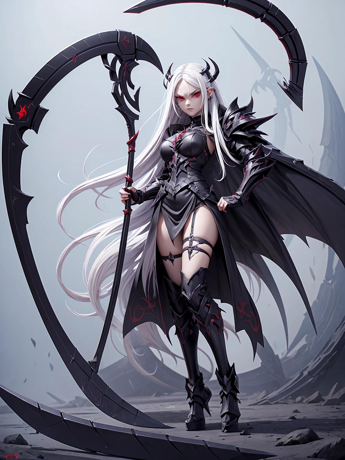 (((Masterpiece, best quality, 16k))) female character with long white hair and piercing red eyes. She wears a demonic armor in purple, black, and white. wields a large, stylized scythe. The character has a menacing expression, with a chaotic environment as the background. ((full body front view)). ((slender)), (extremely detailed:1.5), (long white hair:1.2), (piercing red eyes:1.2), (chaotic environment:1.1), (demonic armor:1.3), (stylized scythe:1.3).