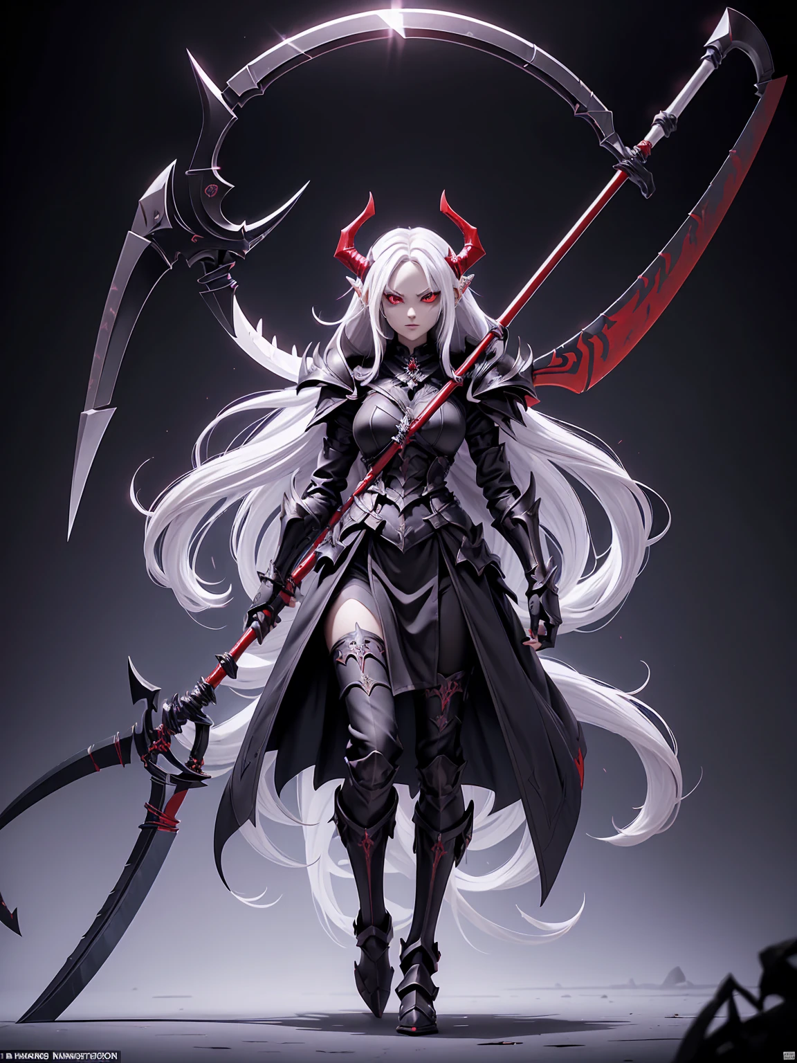 (((Masterpiece, best quality, 16k))) female character with long white hair and piercing red eyes. She wears a demonic armor in purple, black, and white. wields a large, stylized scythe. The character has a menacing expression, with a chaotic environment as the background. ((full body front view)). ((slender)), (extremely detailed:1.5), (long white hair:1.2), (piercing red eyes:1.2), (chaotic environment:1.1), (demonic armor:1.3), (stylized scythe:1.3).