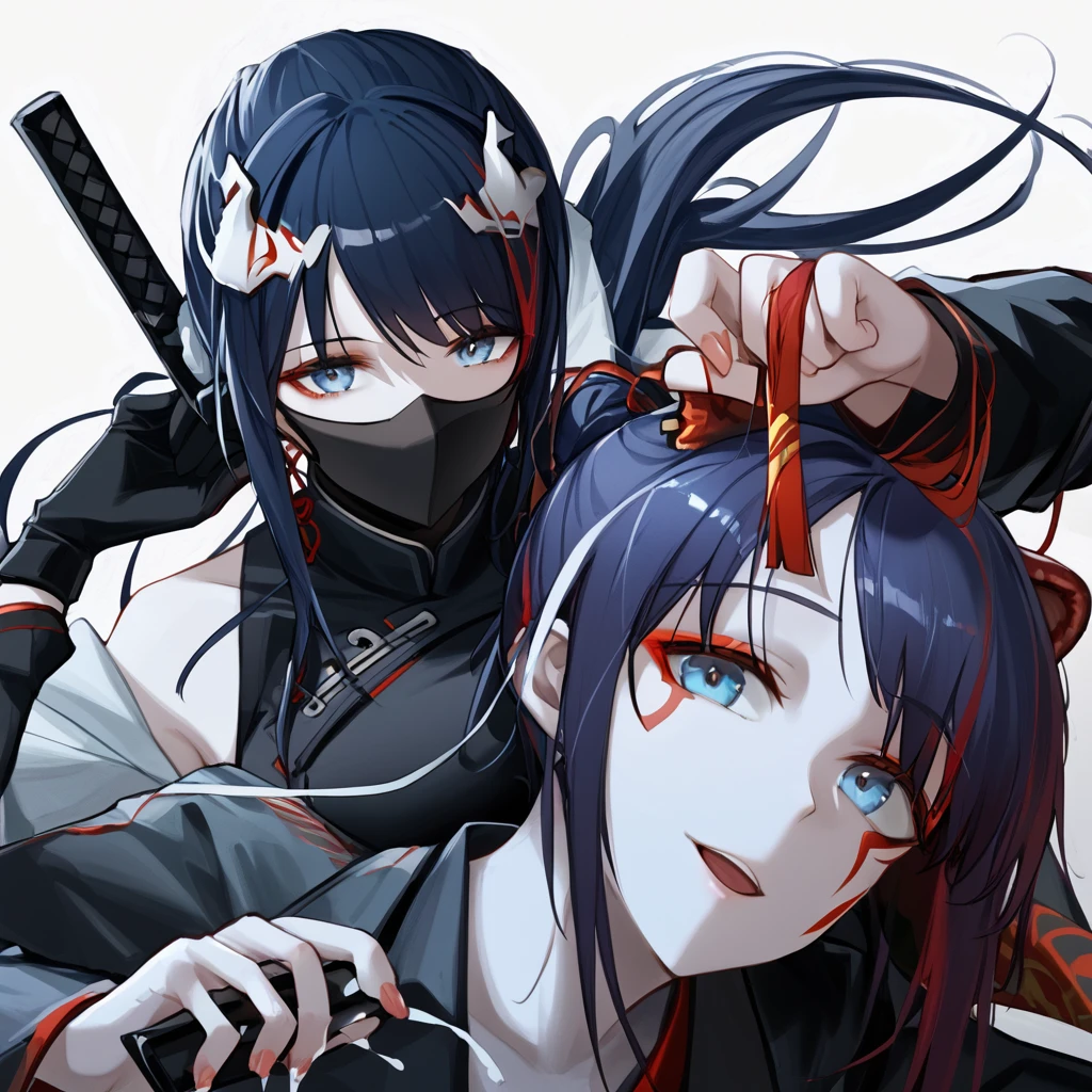 2girls, a masked  kunoichi with icy blue eyes, holding a kunai in right hand, holding nian (arknights) by the hair