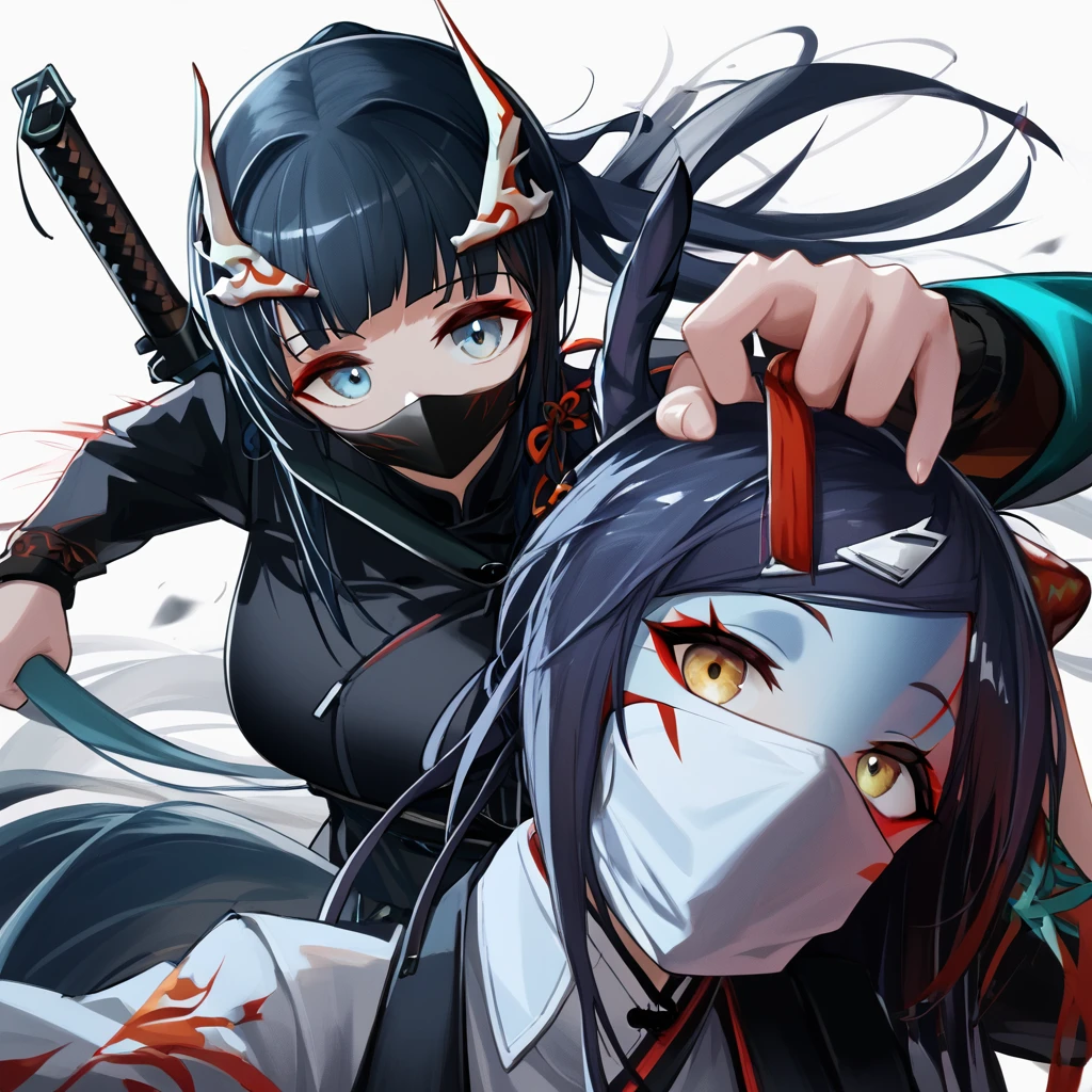 2girls, a masked  kunoichi with icy blue eyes, holding a kunai in right hand, holding nian (arknights) by the hair