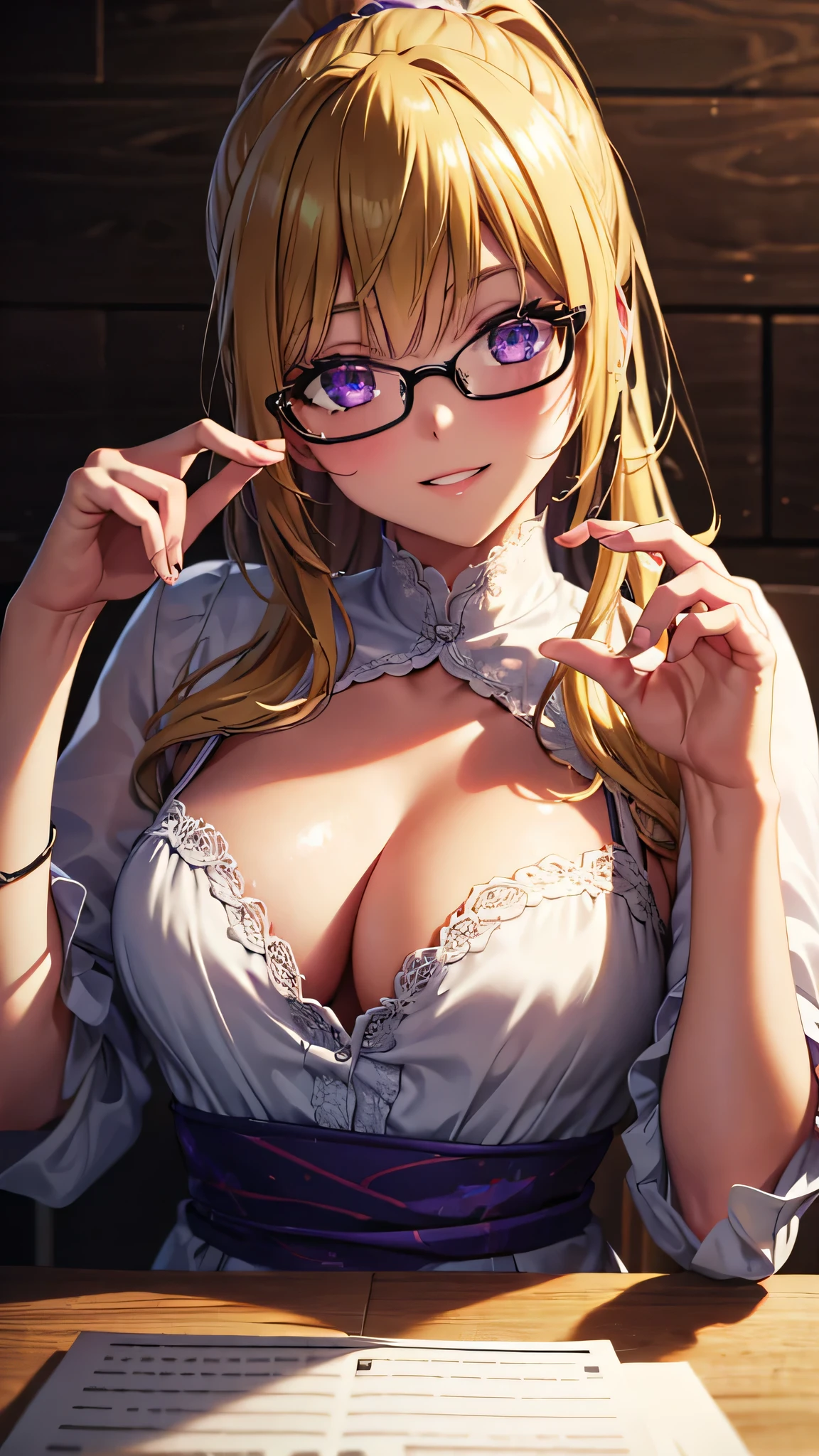 (masterpiece, best quality, absurdres), high quality, highres, ultra detailed, intricate, cinematic lighting, wallpaper, soft lighting, night, close-up, looking at viewer, beautiful woman, 1girl, parted lips, kei Karuizawa, small breasts, blonde hair, bangs, ponytail , detailed violet eyes, ((Super Realistic Detailed Eyes, glowing eyes)), round glasses, finger adjusts glasses, smiles, smirk