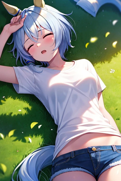 (masterpiece), highly detailed, best quality, (high resolution), 8k, 1girl, solo, k.s.miracle, umamusume, short hair, blue hair, horse ears, horse girl, horse tail, cinematic angle, sleeping, relax, closed eyes, open mouth, (outdoor), lying on turf, denim shorts, white T-shirt, hair over left eye