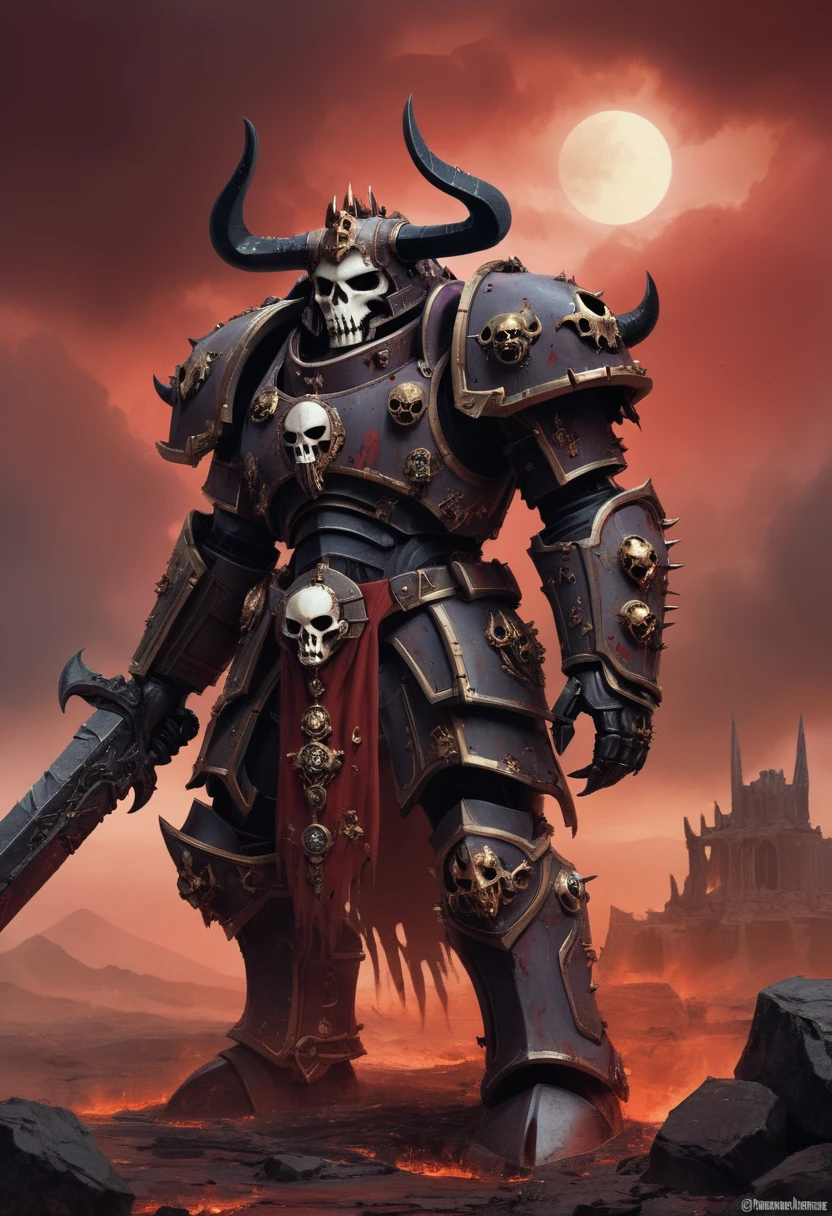 warhammer 40k, chaos sorcerer, clad in the grim armor of the Chaos Marines, horse skull helmet, horns, gloomy atmosphere, Red Sky, Ruin