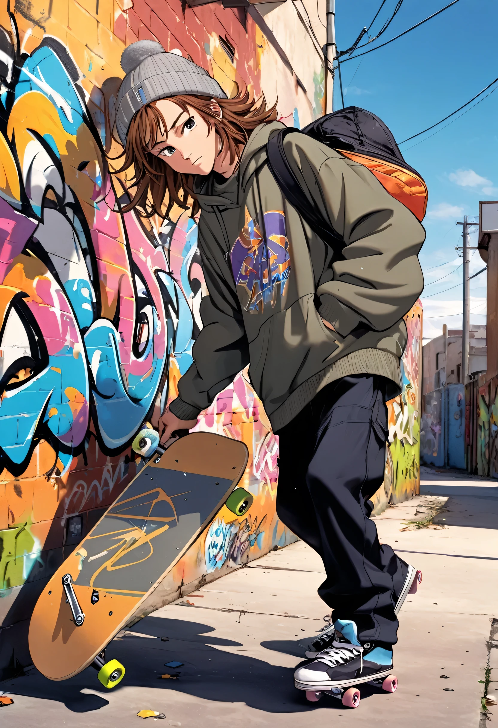 skateboarder, 2000s style, messy brown hair, holding the skateboard, graffit, gray hat