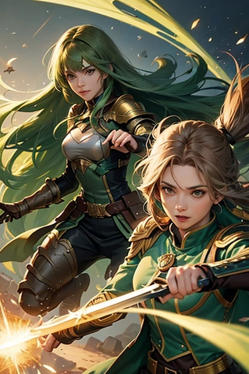 A female character, with long green hair, green star eyes, in battle clothes, and his hands with powers and by his side a boy, brown hair and brown eyes, in battle clothes, os dois sorrindo